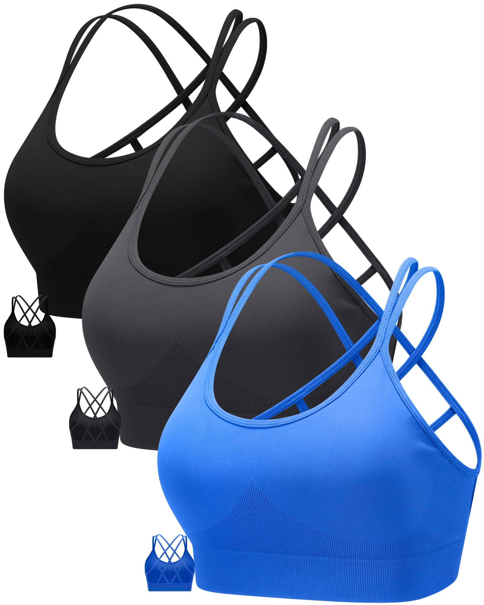 RUNNING GIRL 3Pack Women's Sports Bra Medium Support Sexy Crisscross Strappy Sports Bra with Removable Cups Padded Yoga Bra(2942 Black/Grey/Blue M)