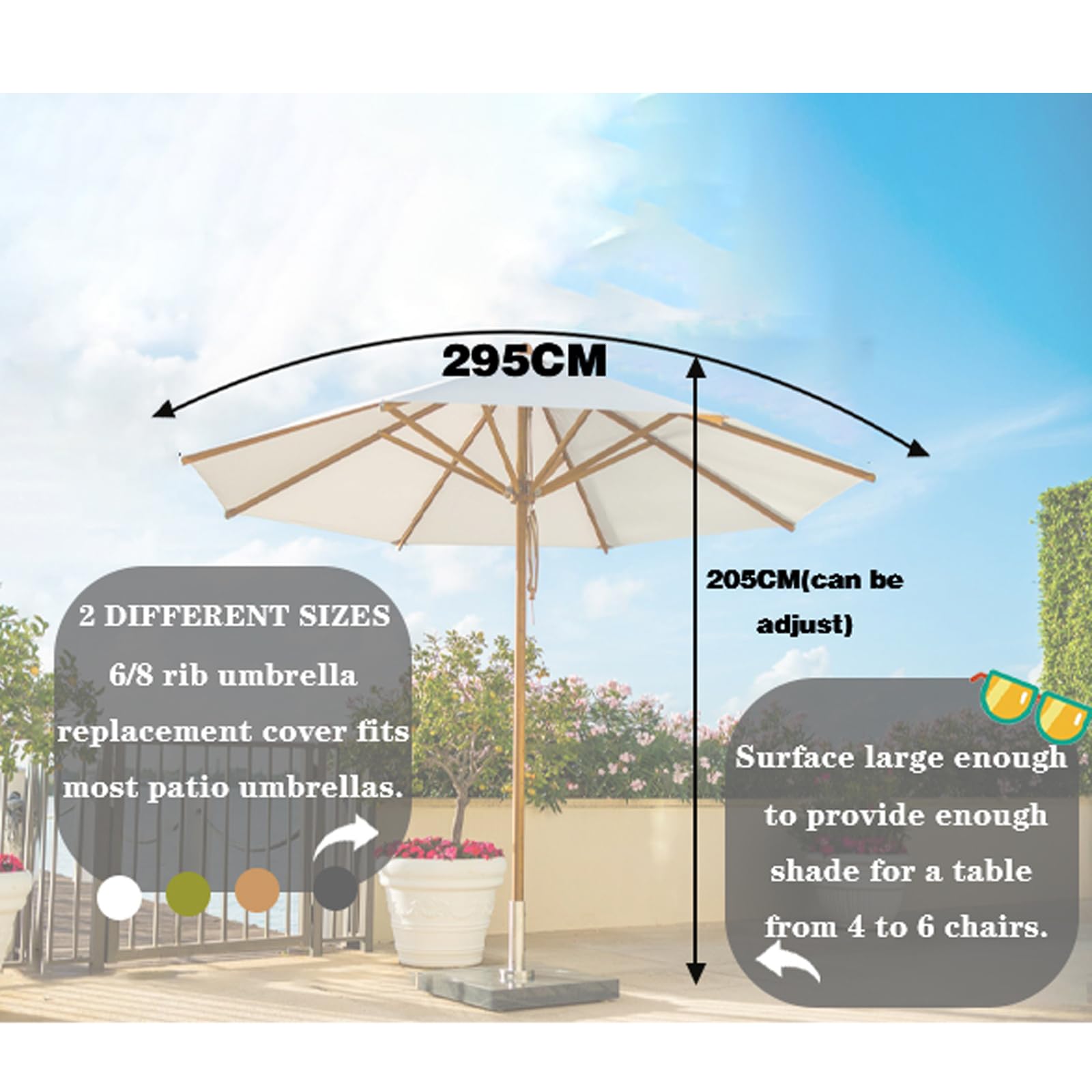Sonnenschirm Ersatzhülle 3m Marktschirm Wasserdicht Gartenschirm mit Sonnenblende, UV-Schutz - Ersatzdach für 8 Streben, Ersatzdach für Outdoor Sonnenschirme