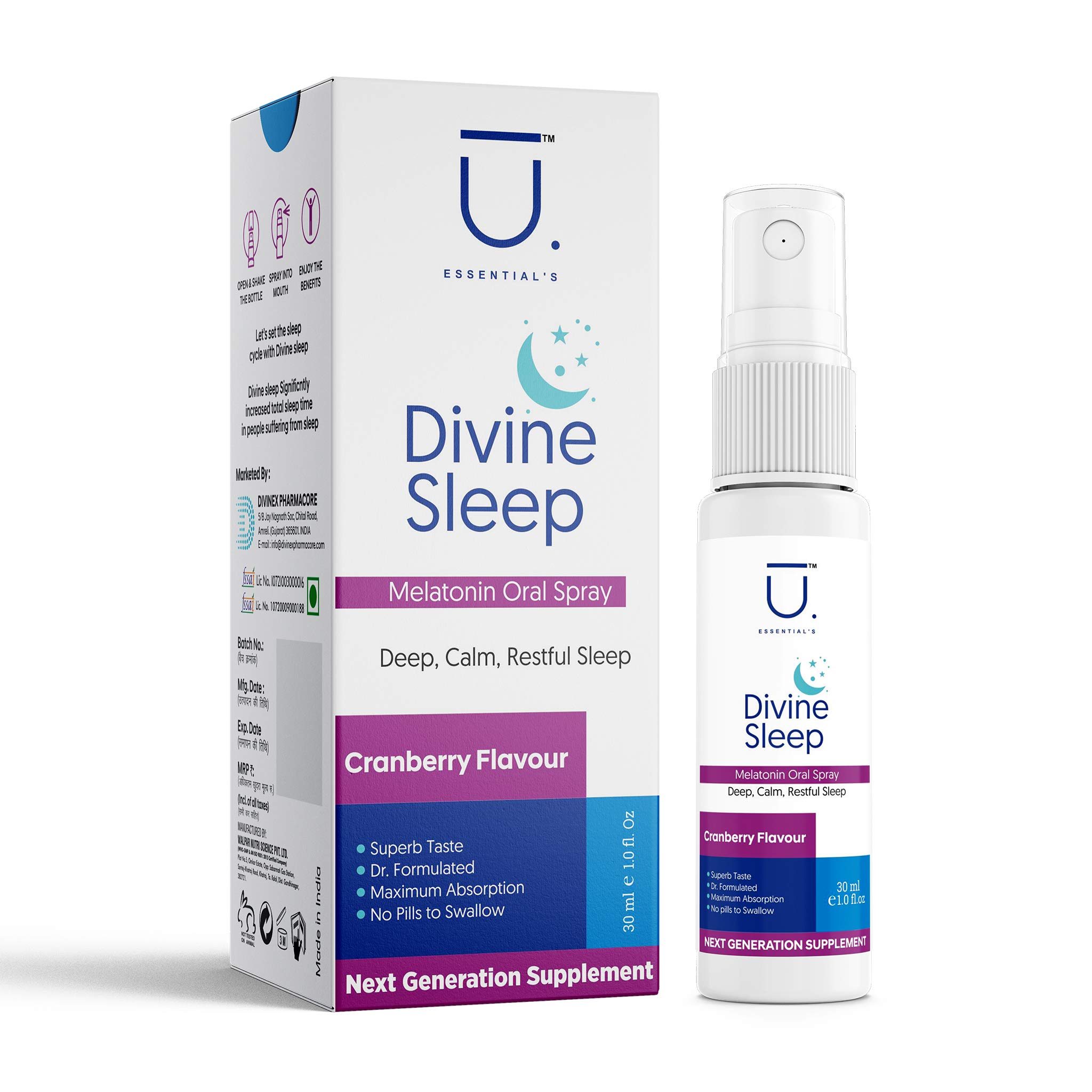 U ESSENTIALS Divine Sleep Melatonin 3mg Oral Spray - For Deep, Calm, Quick & Calm Sleep Melatonin | Melatonin 3 mg per Serving Oral Solution | Blended with Chamomile Extract | Spray For Disturbed Sleep | Restful Sleep - Cranberry Flavor 30ml