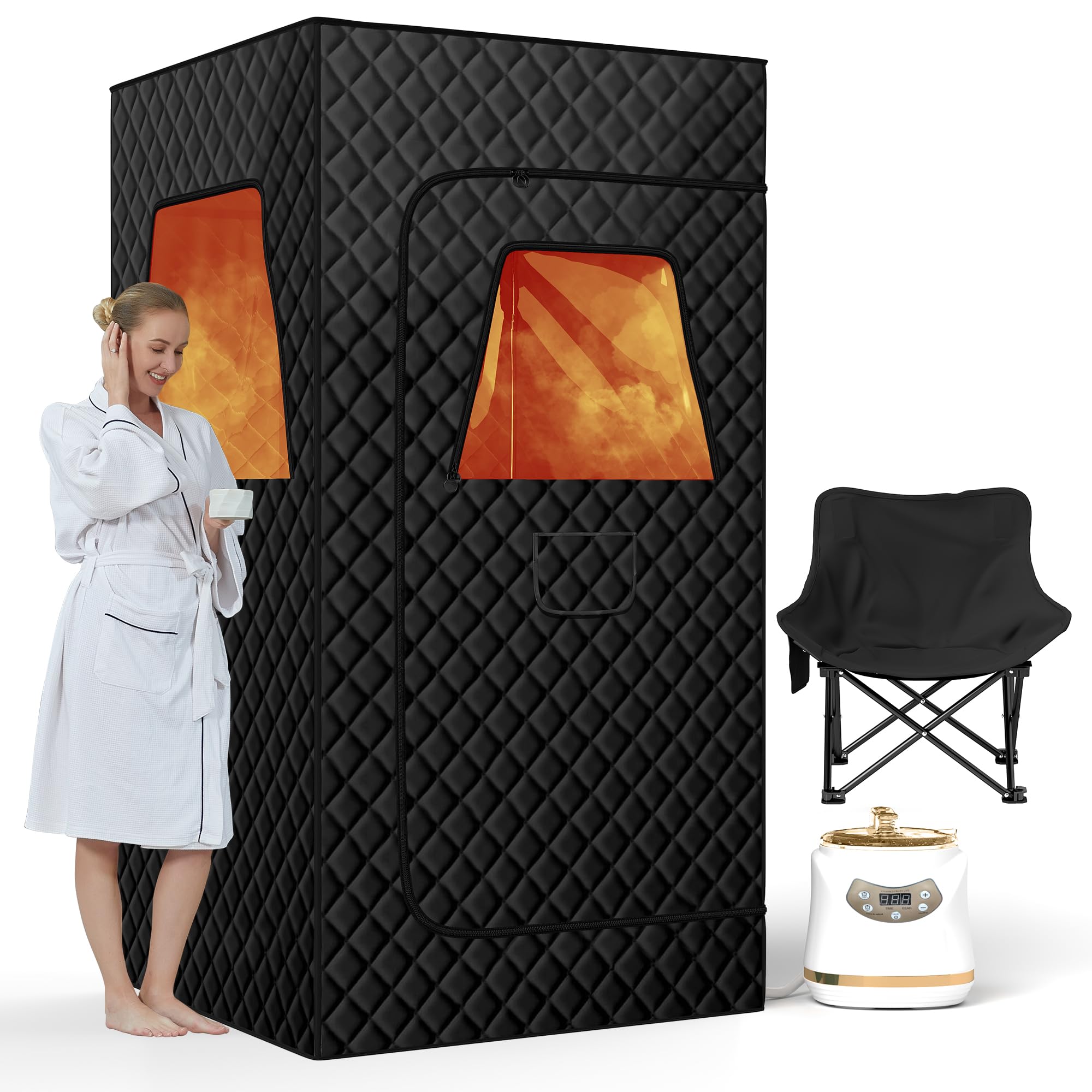 Tragbare Dampfsauna für Zuhause mit 3L/1500W Dampferzeuger & 9 Wärmestufen,inkl. Fernbedienung und Klappstuhl,Schwarzes Saunazelt für Fitness,Pilates, Garage und Wellnessbereich