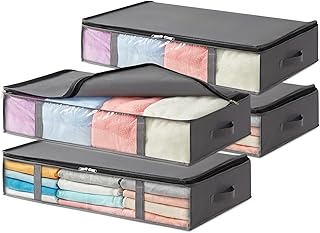 Lifewit Pack of 4 Underbed Storage Bags, Foldable Underbed Storage Box, Storage Boxes with Lid, Underbed Storage for Clothes, Underbed Wardrobe, 65 L, Grey