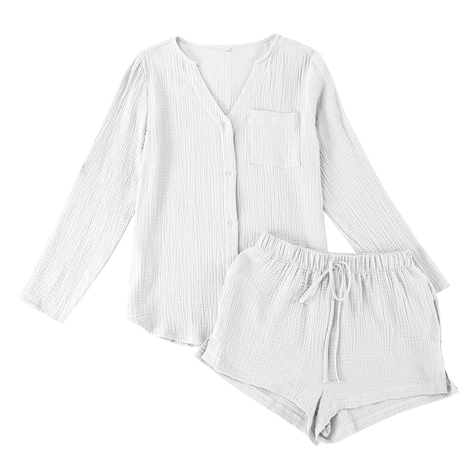 Musselin Zweiteiler Damen, Musselin Bluse und Shorts, Lounge Set Turnup Langarm Leinen Set Leichte Luftig Sportanzüge Einfarbiges Mode 2 Teiler Clothes Kleidung Casual Lose Strand Outfit Set Urlaub