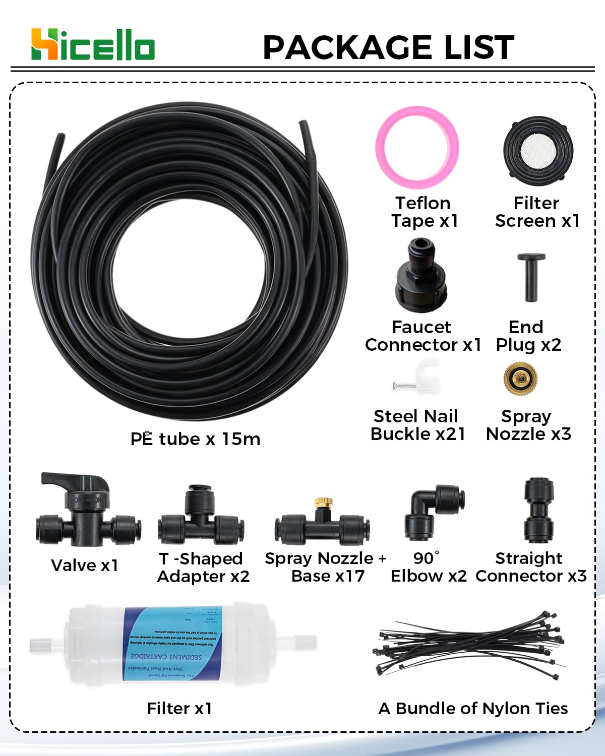 Kit d'irrigation extérieur - Système de brume de 15 m - 17 buses de brouillard en laiton - Tuyau de 15 m - Adaptateur en laiton - Pour terrasse, jardin, serre