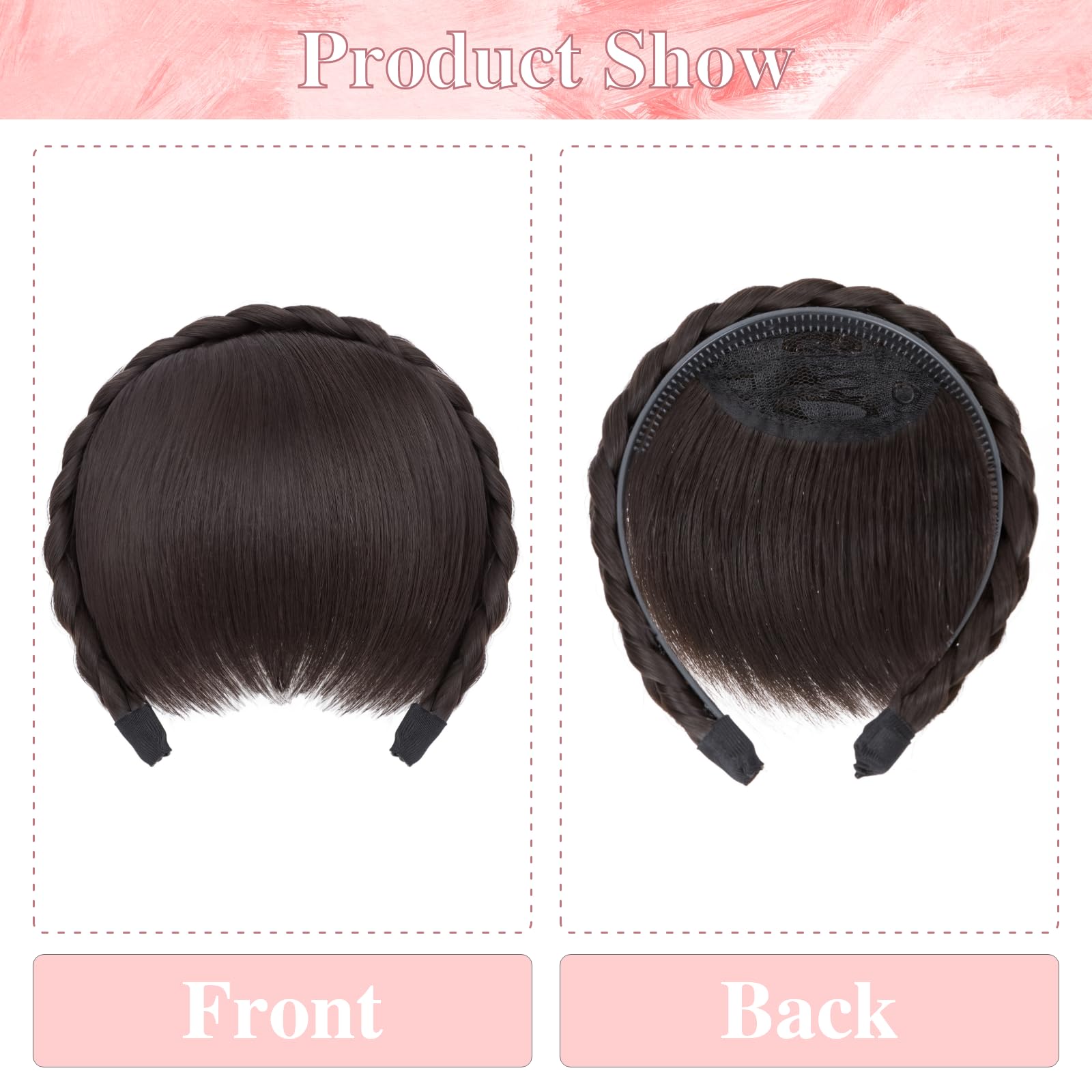 Benehair Headband with Bangs Synthetic Plaited Hair Headband with Natural Fringe Medium Brown Hair Piece for Women Girls(Medium Brown - Image 3