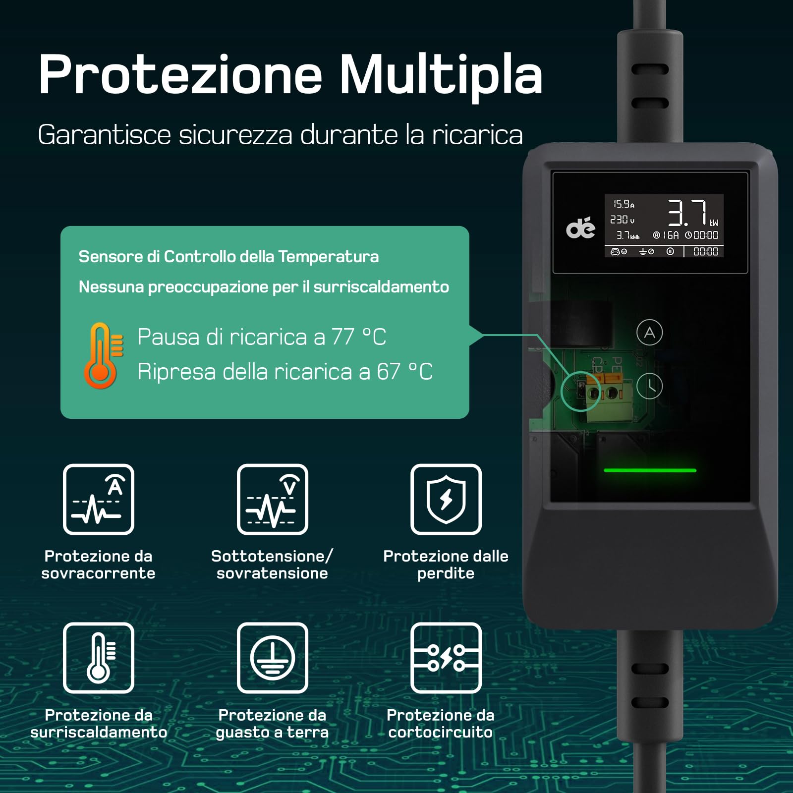 dé Cavo Ricarica Auto Elettrica Tipo 2 Schuko APP 3,7kW [7m | 6/8/10/13/16A] Colonnina Ricarica auto Elettrica con Supporto, con LCD Controllo Digitale Compatibile con Model Y/3, e208 e Altri EV/PHEV