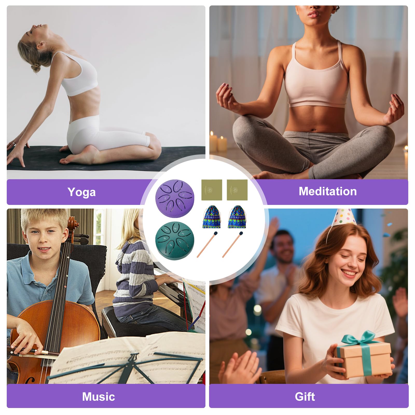 Set di 2 tamburi a pioggia, 3 pollici, 6 toni, con custodia in tessuto, libro musicale e bacchetta, strumento a percussione per lezioni di musica o regalo (verde e viola)