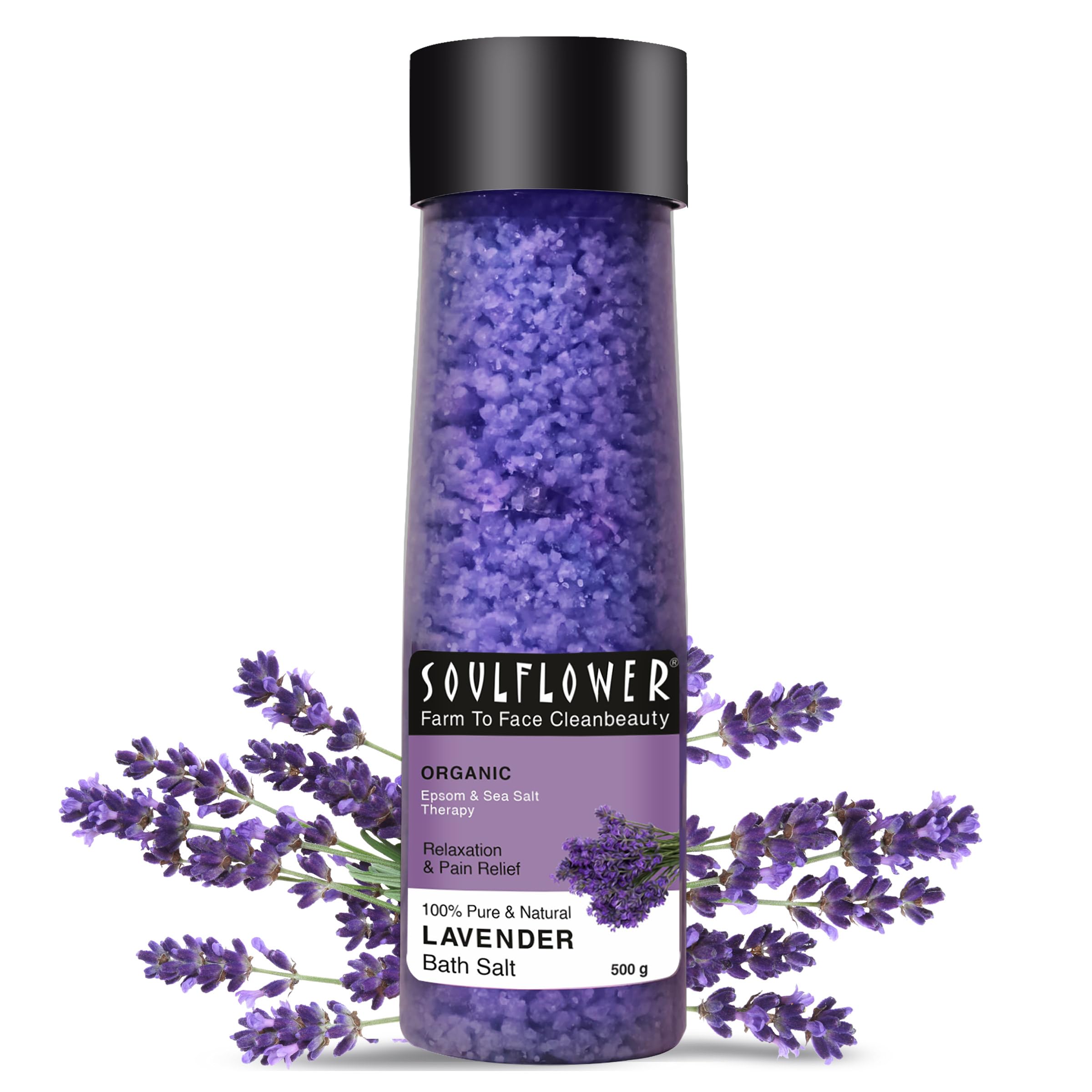 Soulflower Lavender Bath Salt for Soaking with Lavender Essential Oil For Women Men, 100% Mineral-rich Sea Salt, Body & Foot Spa, Ideal Gift Set For Men, 500g/18 Oz