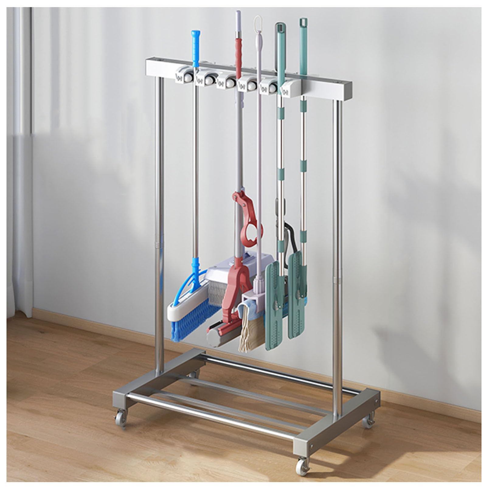 Ruchomy wózek narzędzia do mopów miotły, wózek Wieszknik miotły ze stali nierdzewnej, ciężki, Commercial Cleaning Hopties Organizer z haczykami, Rojusz na narzędzia wieszak na miotły