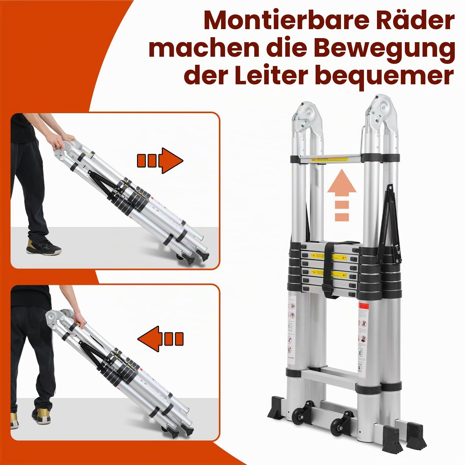 Teleskopleiter 5M (2.5M+2.5M), Leiter Aluminium Ausziehbare mit Abnehmbarem Rollen und Stabilisatoren, Tragbar A-Rahmen Mehrzweckleiter, Max Belastung 150 kg(Silber)