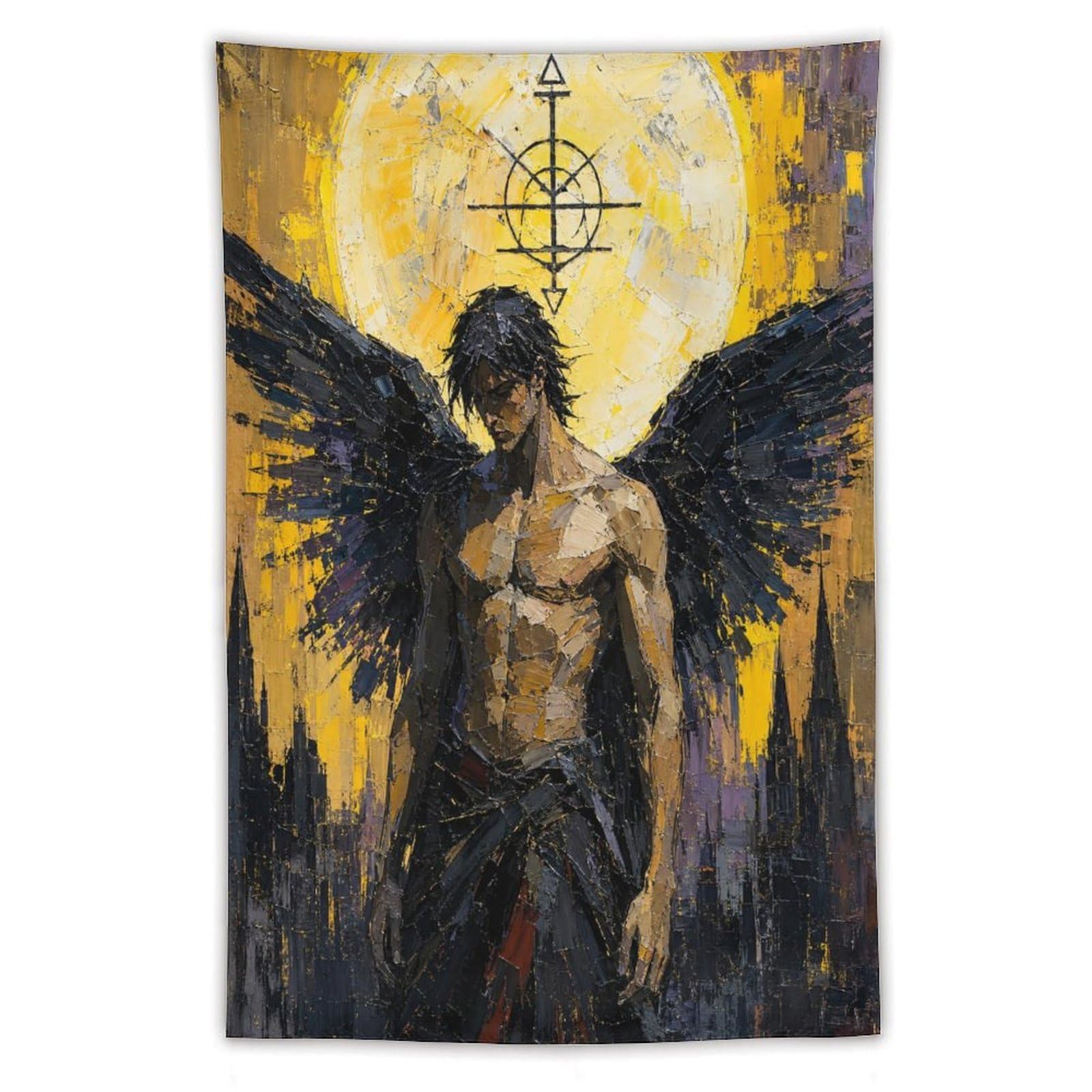W7C8U2X3 Dark Angel Lucifer Wall Tapestry, Fantasy Illustration, Bed