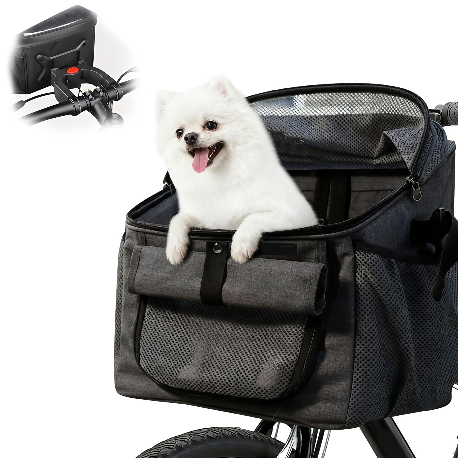 Panier de vélo 4 en 1 pour chien, panier avant de vélo pour chiens et chats, sac à dos amovible avec 4 fenêtres en maille et ceinture de sécurité, sac respirant pour animaux de compagnie pour vélo