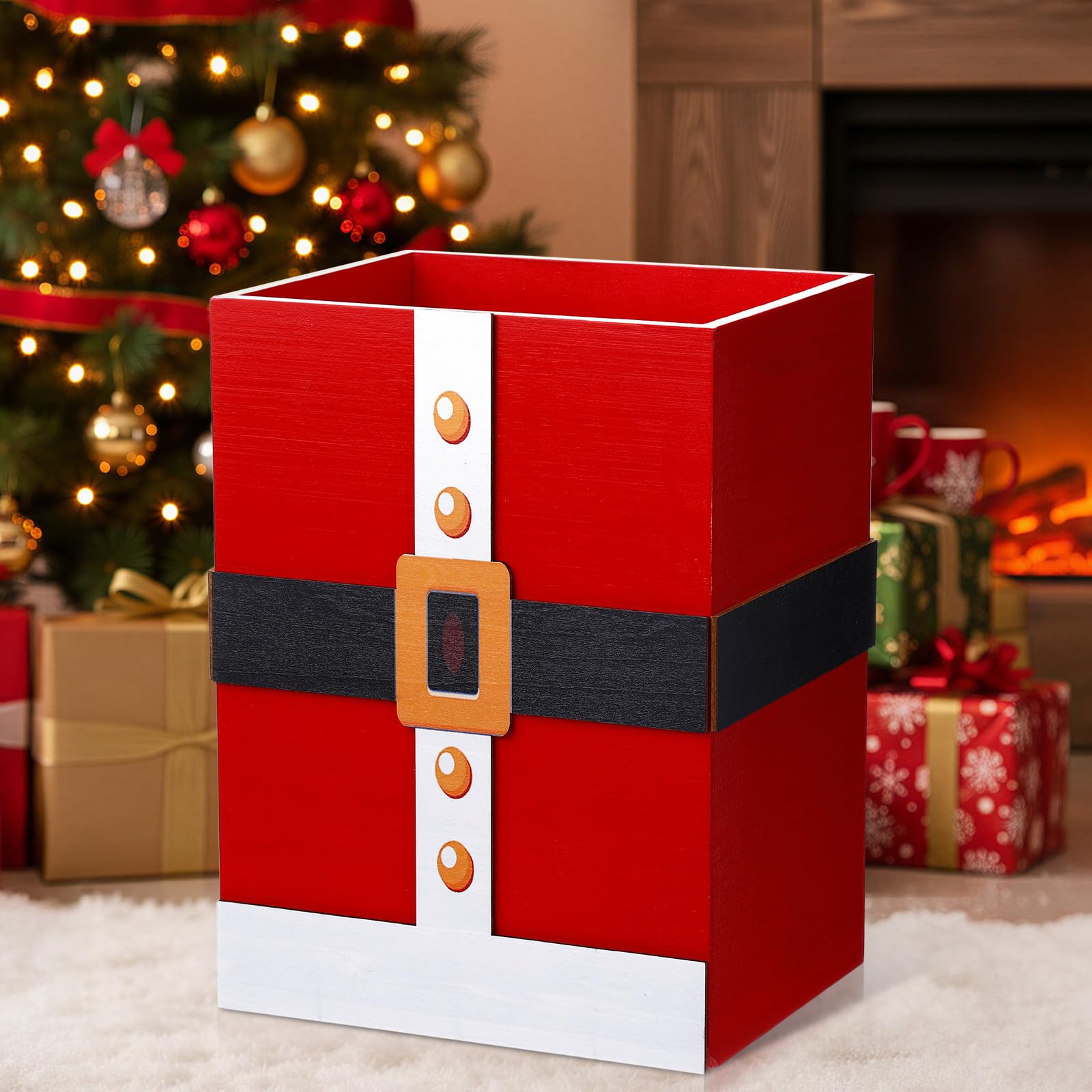 LemonRoad 1 Pcs Christmas Wood Wastebasket for Indoor Decorative, Santa Wooden Trashcan Guest Bathroom Essentials Garbage Cans for Winter Home Xmas Party Decor Supplies, 7.87 x 6.30 x 10.63 Inch