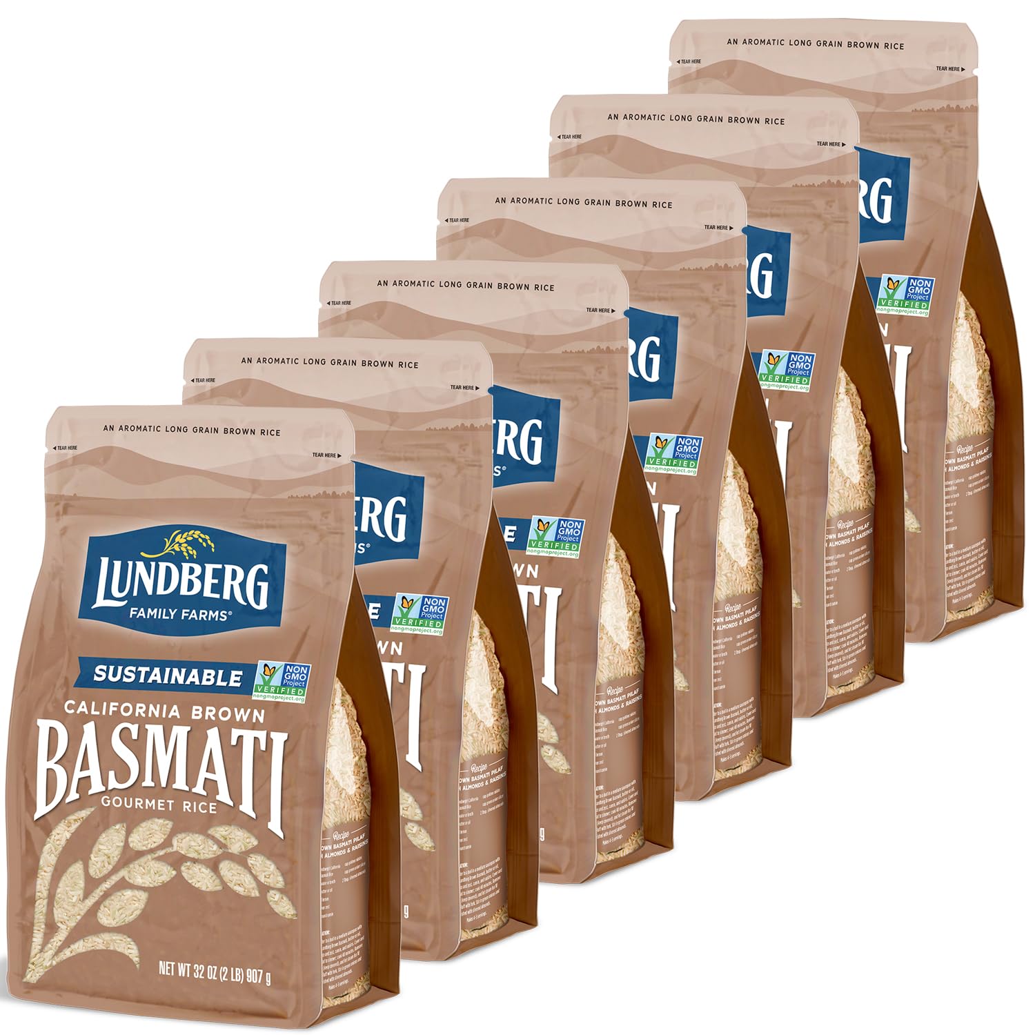 Lundberg Basmati Rice, Long Grain Brown Rice - Non-Sticky, Fluffy Aromatic Rice, Sustainably Grown in California, Pantry Staples, 32 Oz (Pack of 6)