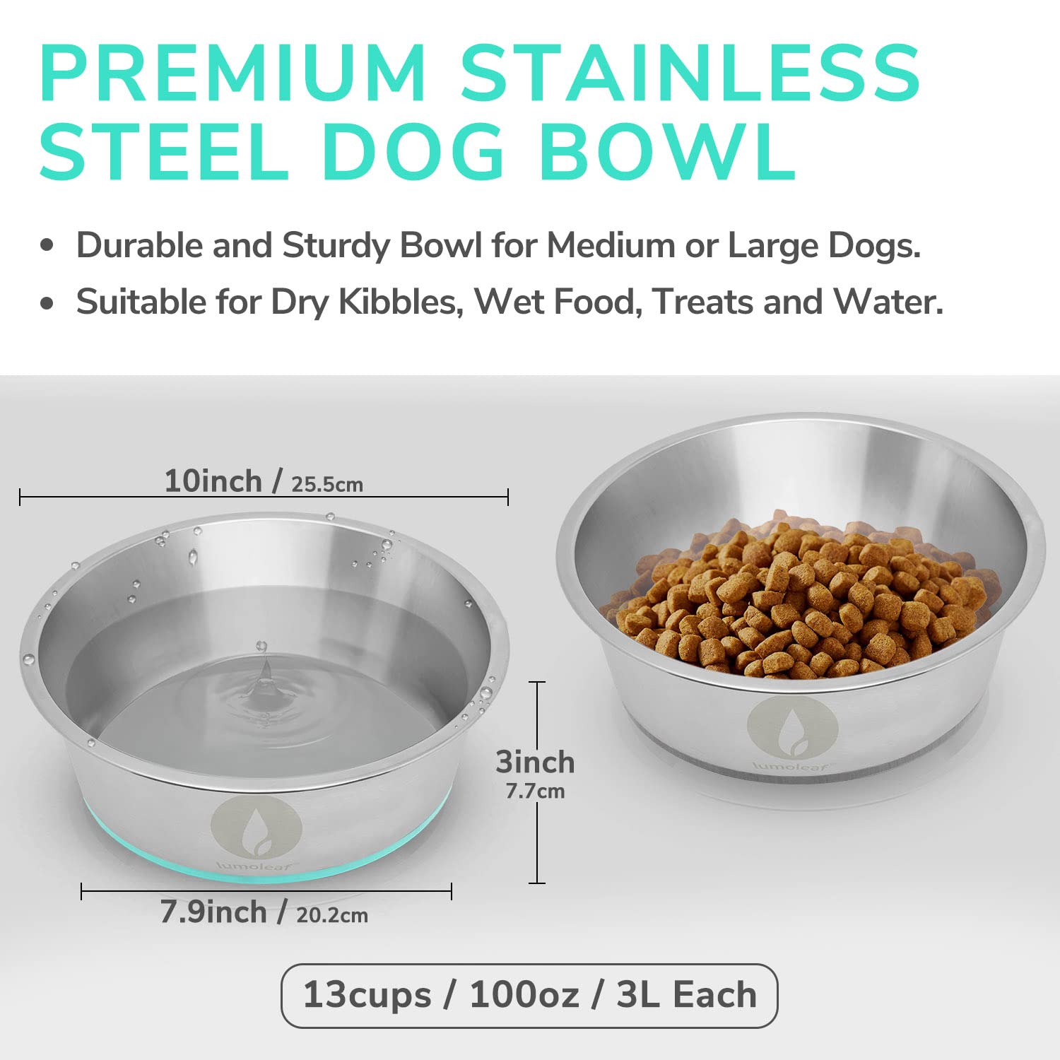 LumoLeaf Ciotole per cani grandi in acciaio inox da 2,9 oz/13 tazze, confezione da 2 ciotole per acqua e cibo, piatti antiscivolo per animali domestici con fondo in gomma, ciotole per animali