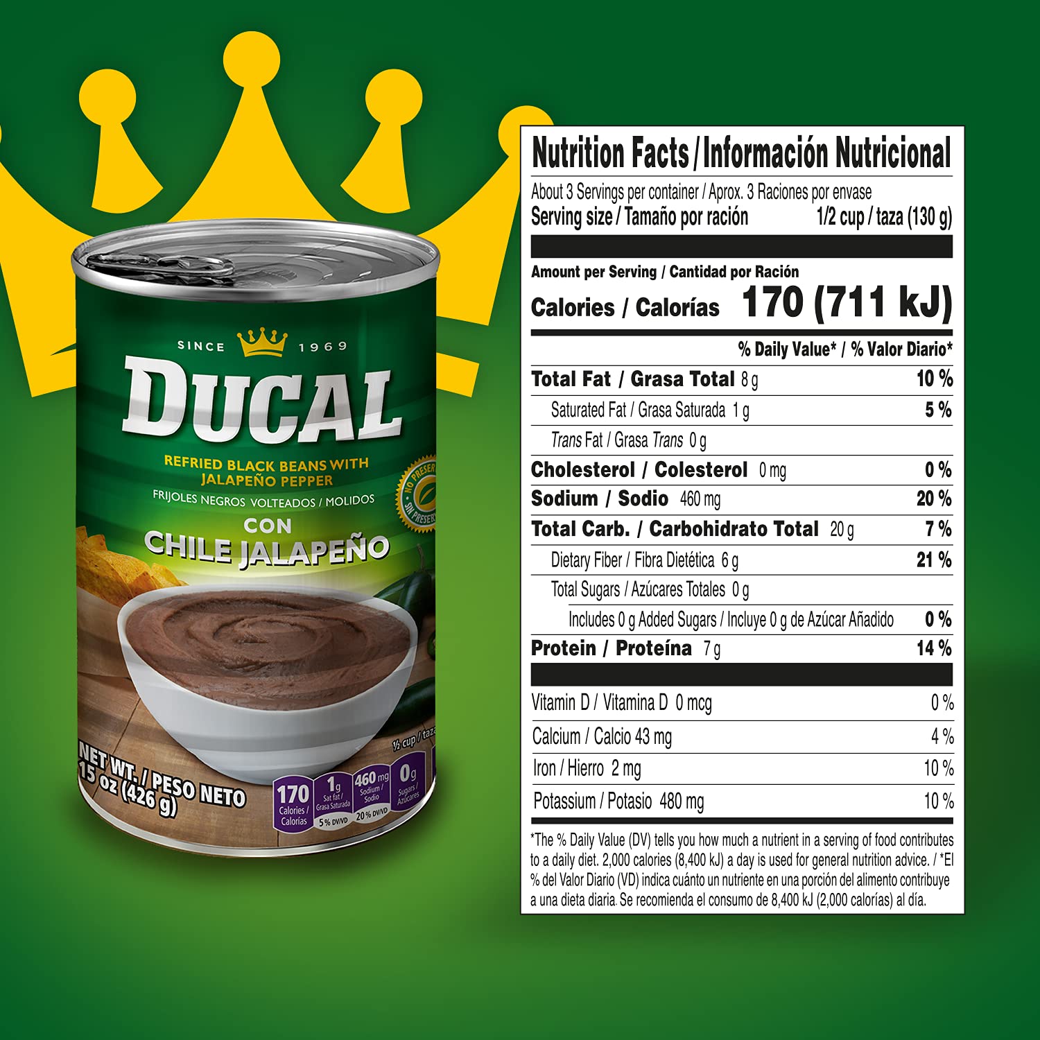 Ducal Refried Black Beans with Jalapeño, 15 Oz (Pack of 24) - Instant Vegetarian Refried Black Beans, Non-GMO And Gluten-Free - Excellent Source in Protein And Iron, Cholesterol Free