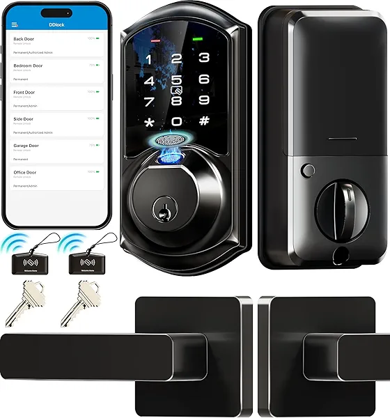 Veise VE07-L Fingerprint Smart Locks for Front Door with Zinc Alloy Handle Set, App Control, Keyless Entry, Electronic Digital Keypad Deadbolt, Auto Lock, Waterproof, Easy to Install, Matte 