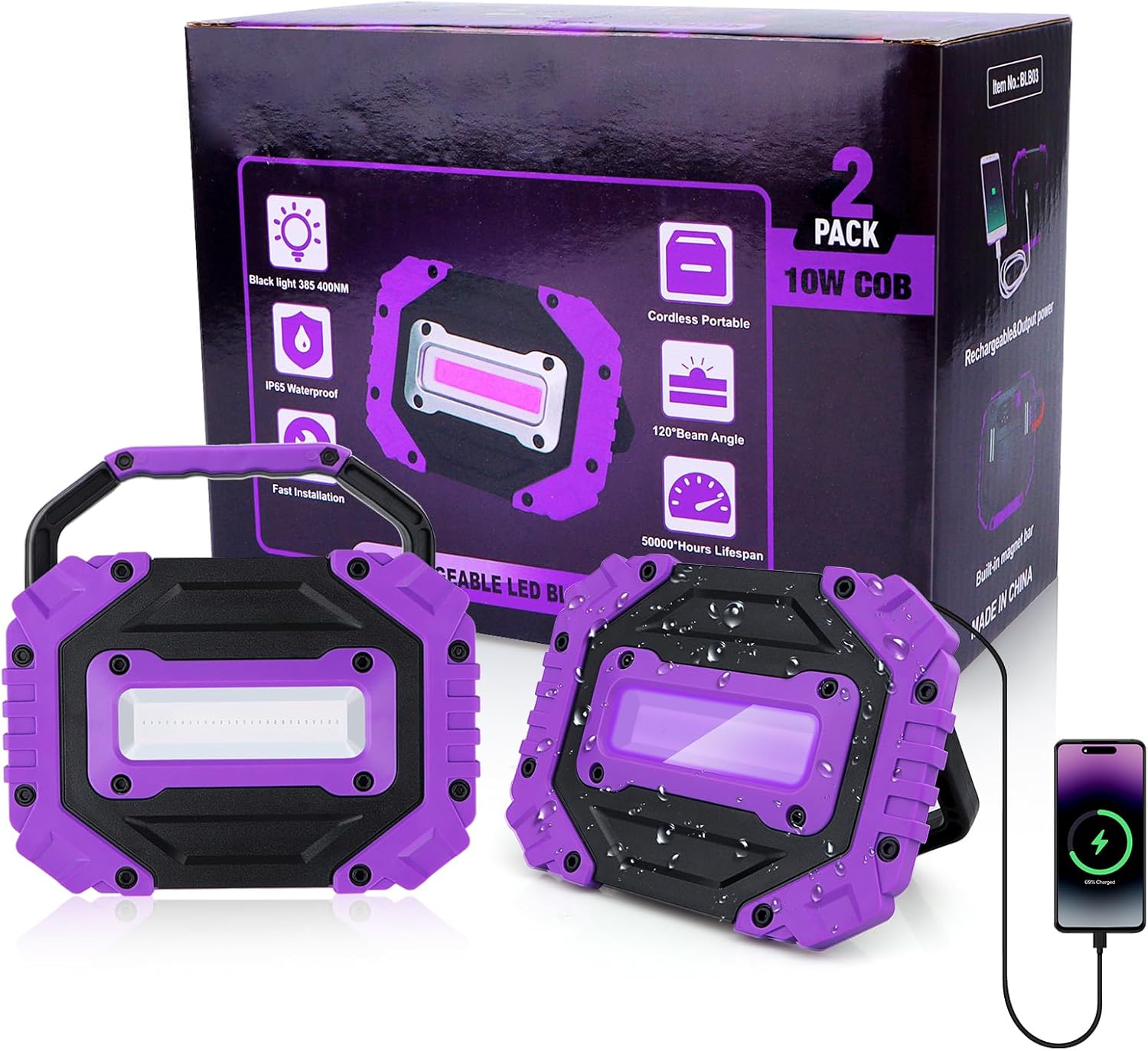 roperry 2 Pack Rechargeable Black Light, 5000mAh Cordless Battery Powered Magnetic Portable LED Blacklight, 395nm Ultraviolet Flood Light for Glow, Dark Party, Catfishing,Halloween(2 Pack)