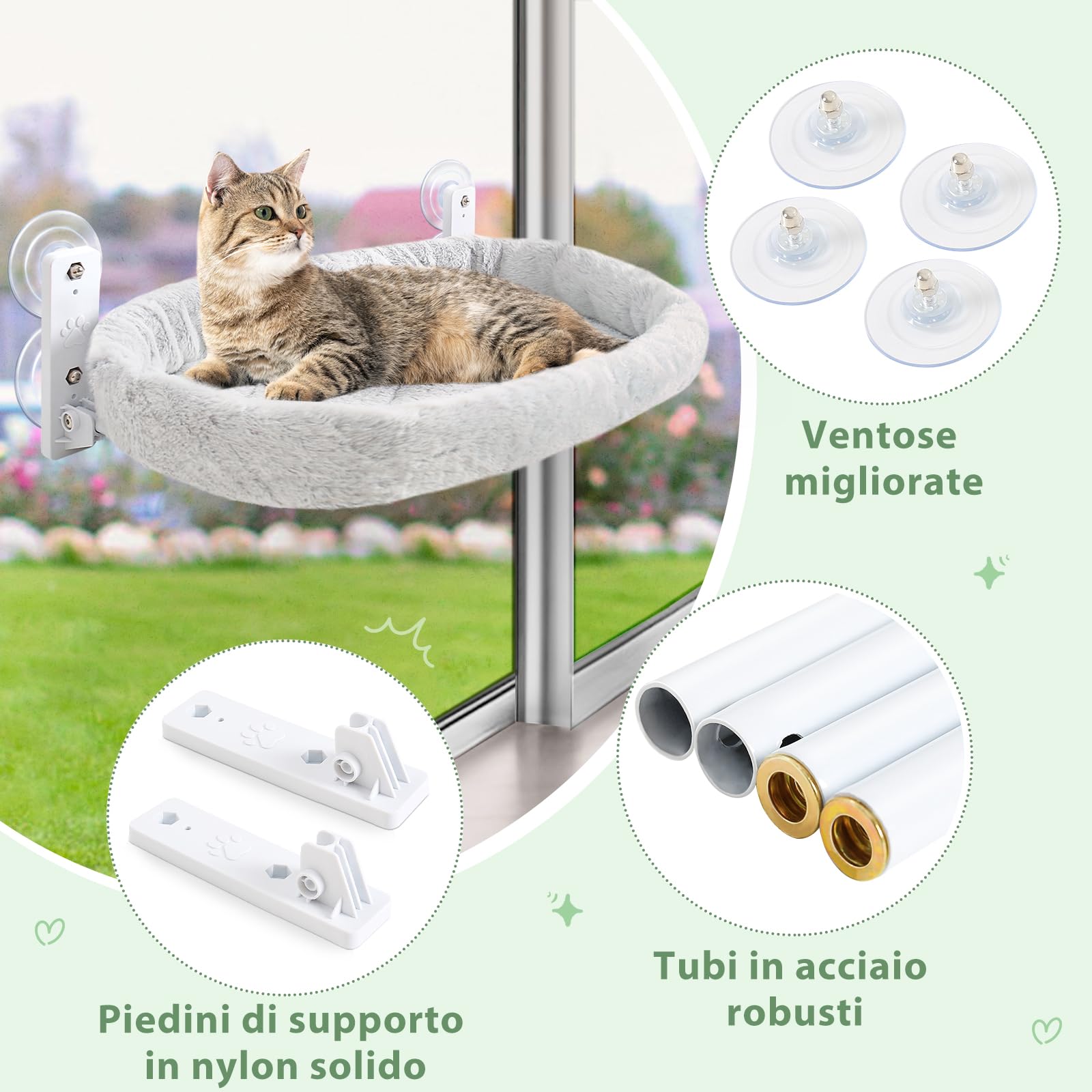 GUUSII HOME Amaca Gatto Finestra Cucce per Gatti Cuccia Morbida Letto Mensole da Interno Trespolo Sdraio per Gattini Robusto Facile da Montare Caldo Tappetino Reversibile 53 * 30cm (Grigio, M)