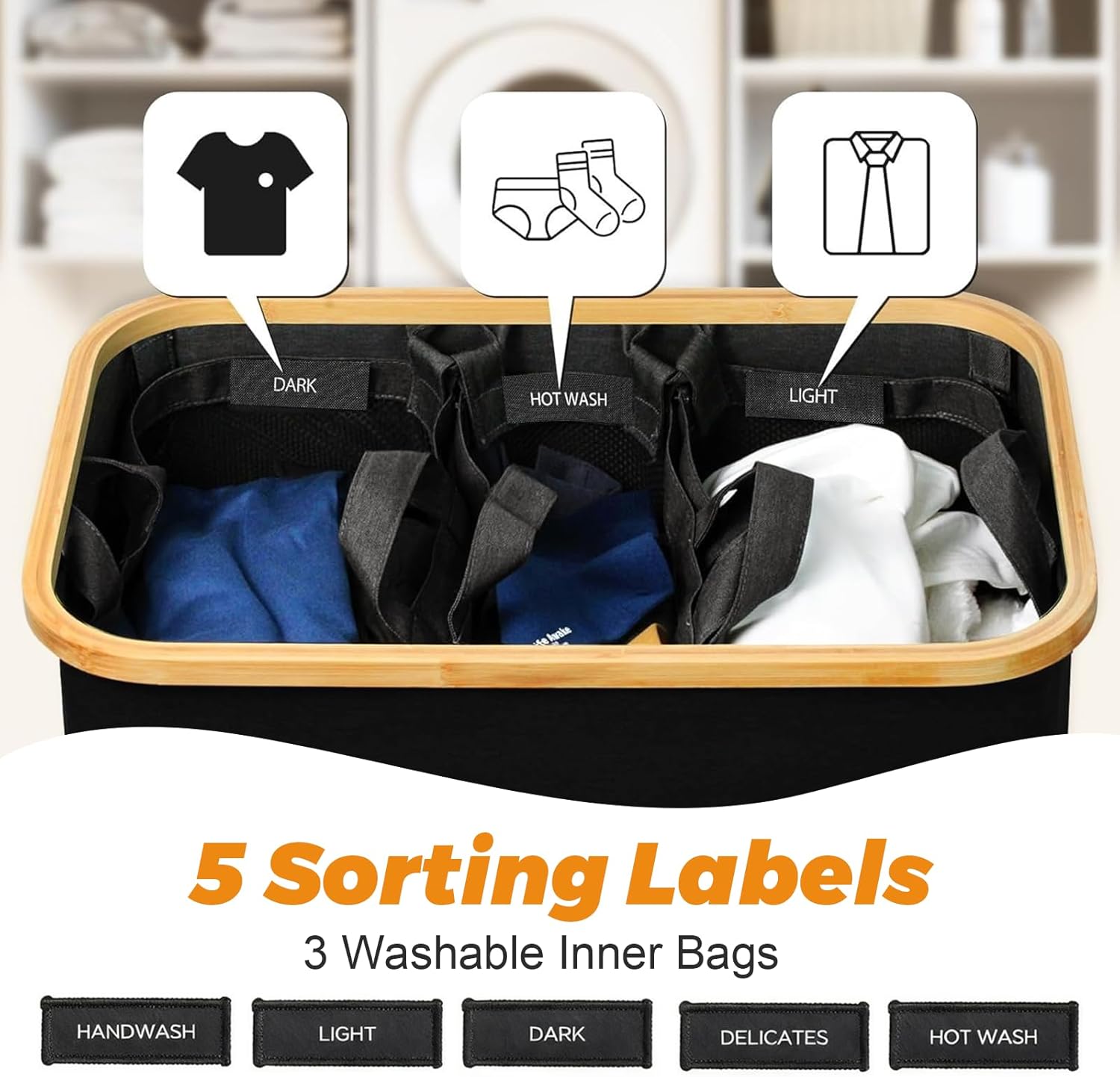 160L Laundry Hamper 3-Section, Laundry Basket with Lid, Dirty Clothes Basket, Laundry Basket Organizer with 5 Sorting Labels and 2PCS Laundry Bags for Bedroom, Dormitory, Laundry Room