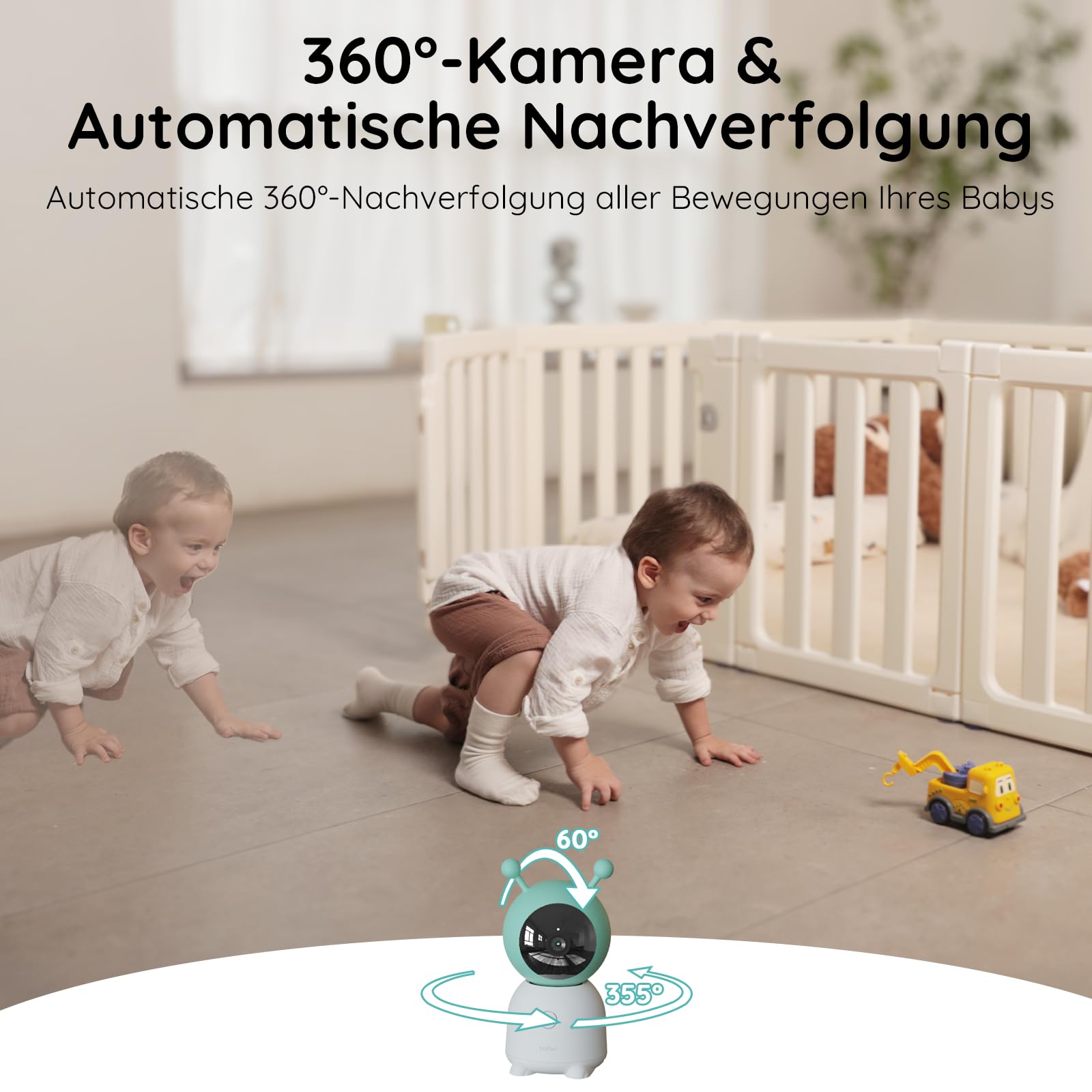 BOIFUN Babyphone mit Kamera 2K/3MP, Intelligentes Nachtlicht, 360 Gard WLAN Video Babyfon mit App, 4×Zoom, Bewegungsverfolgung, IR Nachtsicht, Weinen/Bewegungs/Geräuscherkennung, Temperaturerkennung