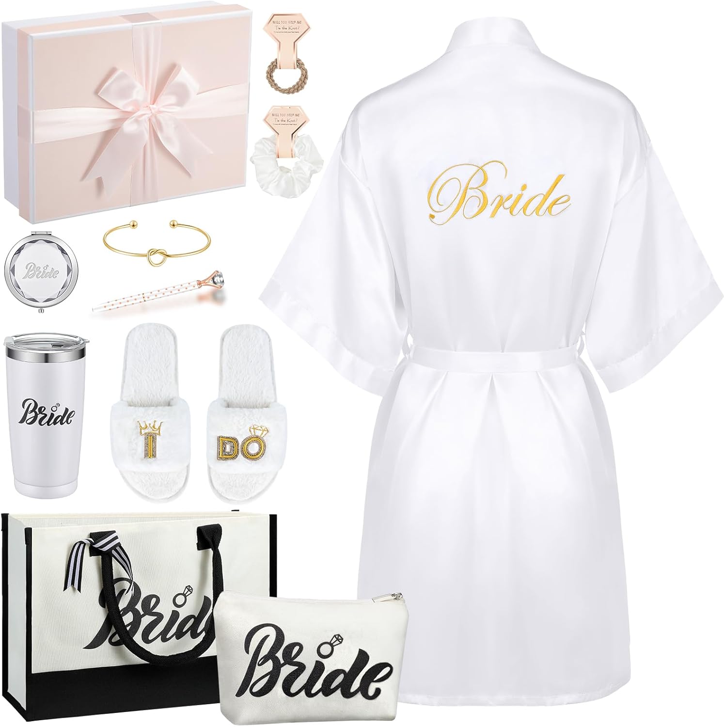 Berlune 14 Pcs Bride Gifts Set - Satin Robe, Tote, Slippers & More