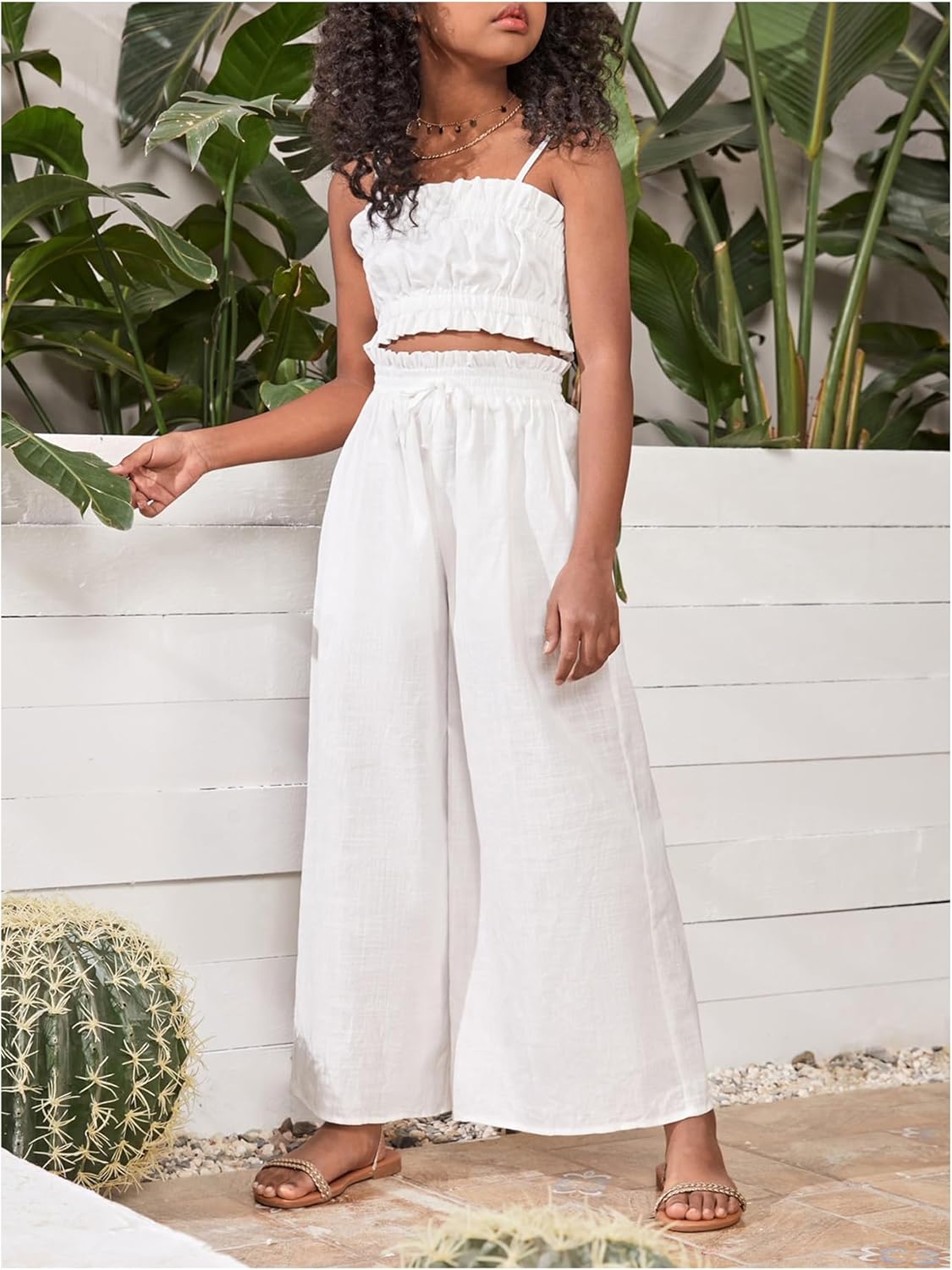 Floerns Girl's 2 Piece Set Ruffle Trim Cami Tops with Paperbag Waist Wide Leg Pants - Image 2