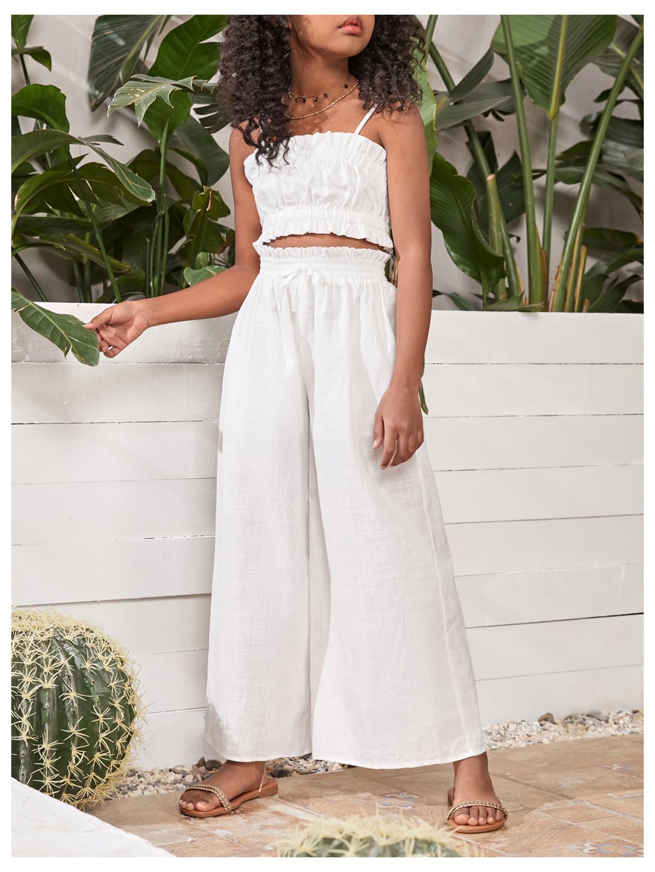 Floerns Conjunto de 2 piezas para niña con volantes y pantalones de pierna ancha con cintura paperbag