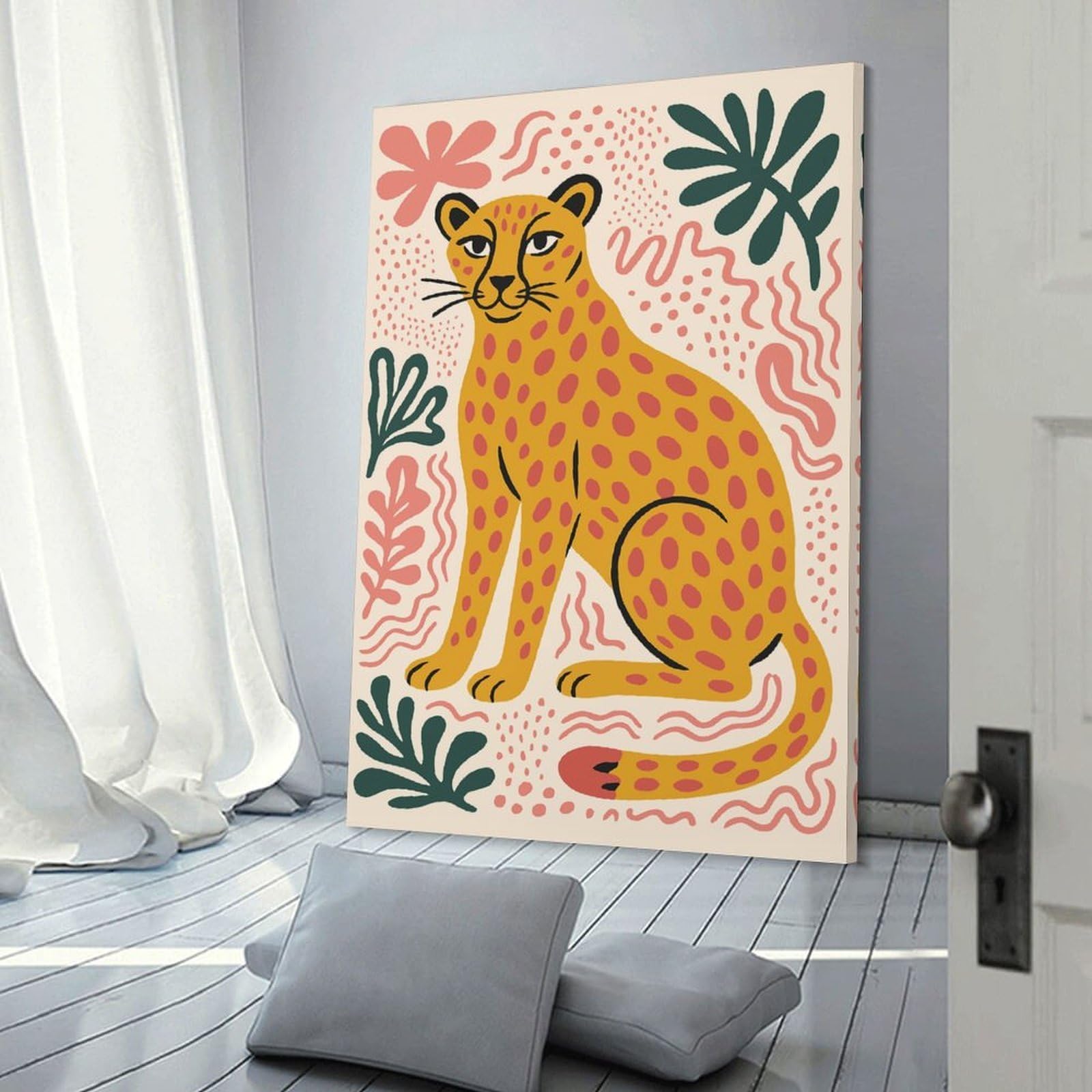 Junmoney Decorative Wall Artwork Cheetah with Abstract Floral Background, 16x24inch(40x60cm), for Living Room, Lounge Or Sitting Room, Modern Wall Decor for Cosy Interiors