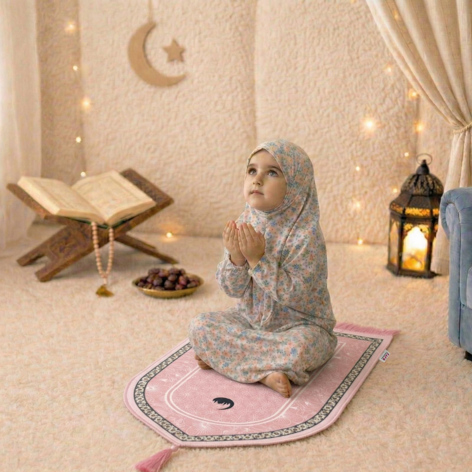 FAF Girl & Boy Velvet Prayer Mat | Children janamaz Prayer Rug for Kids (Upto 3 Years) | Soft Thick Namaz Mat, Portable Travel Janemaaz | Mussalla for Home, Mosque & Ramzan, Hajj and Umrah (Pink)-image-2