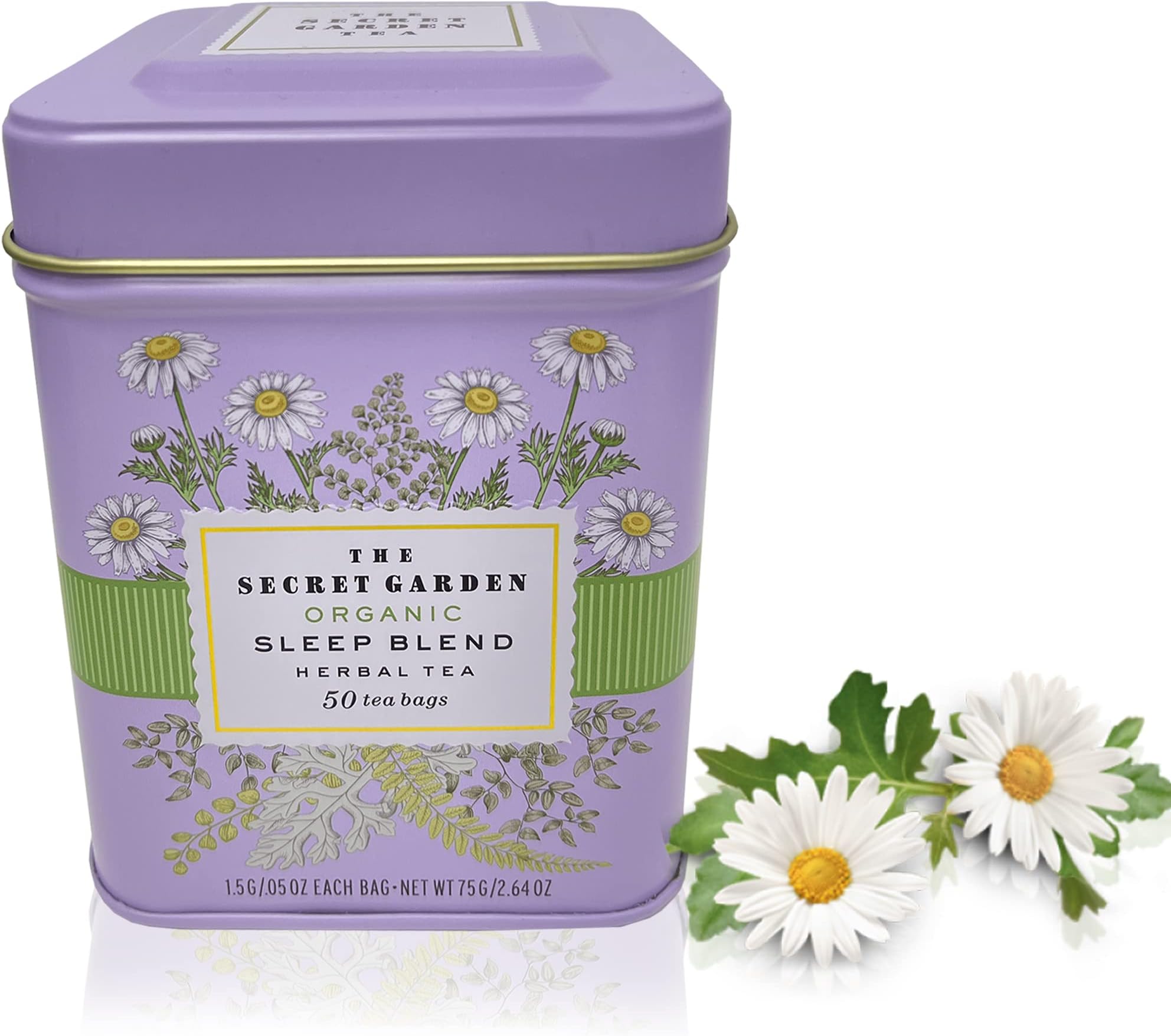 Organic Sleep Blend Herbal Tea - 50 Packets - Natural Chamomile, Peppermint, Fennel And Tulsi Teabags - USDA Certified 100% Non-GMO - Decaffeinated Designer Gift Tin