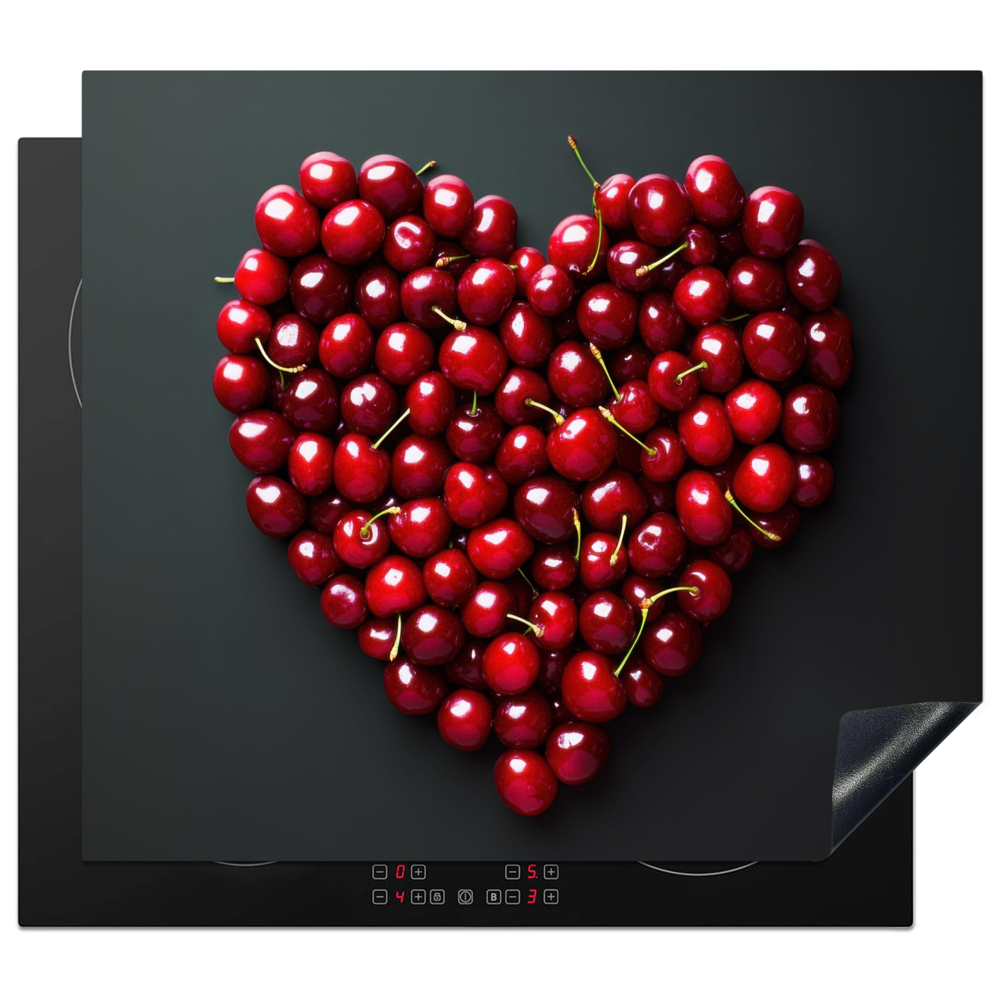 KitchenYeah© Induction Hob Protector Mat 20.1"x23.2" / 59x51 cm Stove Cap Top Cover Kitchen Cooker Covers for Electric Hobs Vinyl Cherries - Heart - Red - Black