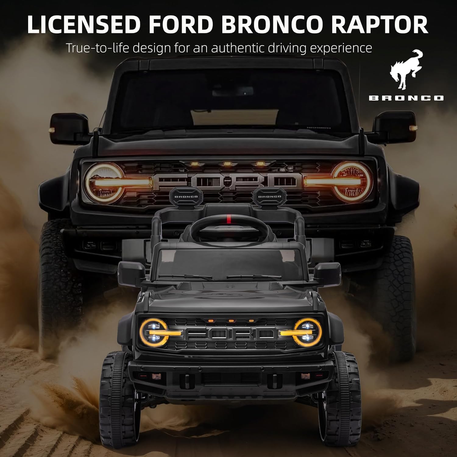 Ford Bronco Raptor 12V Fuoristrada Auto Macchina Elettrica per Bambini Telecomando Luci a Led Bluetooth Cintura di Sicurezza Ammortizzatori Carico Massimo 30 Kg - Nero