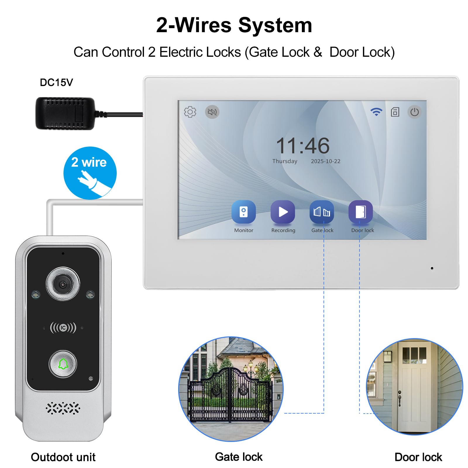 Vidéophone Intelligent WiFi Tuya 2 Fils, 1080P Caméra Vidéo avec Moniteur Écran Tactile de 7", Audio Bidirectionnel, Déverrouillage via APP &Carte RFID, Détection de Mouvement, Étanche IP65