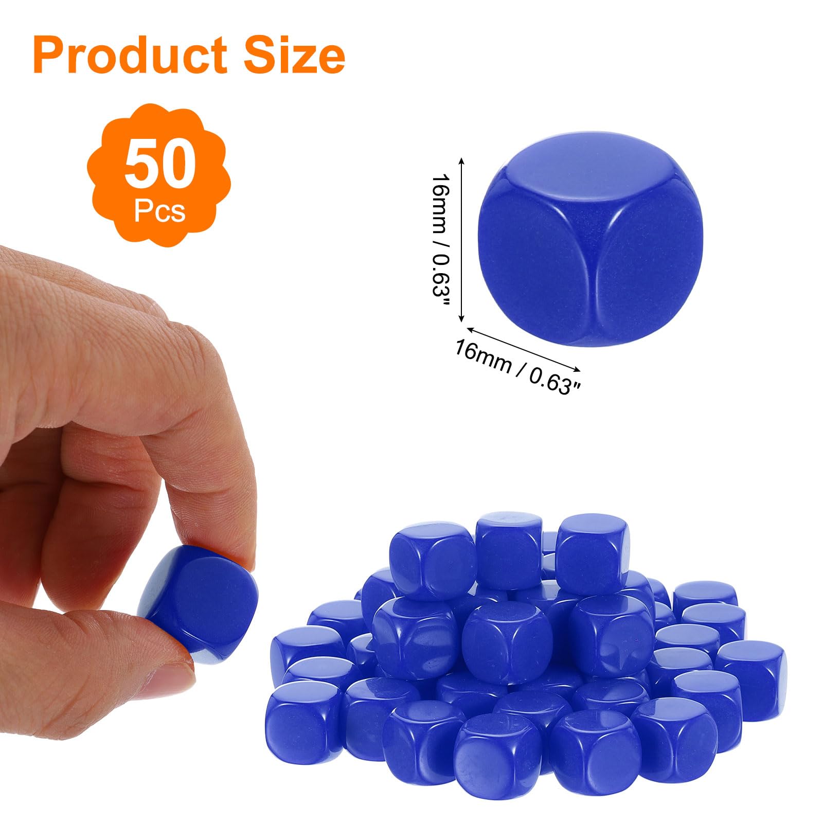 uxcell 50 Pcs Acrylic Blank Dice Six Sided, 1.6cm/0.63inch Rounded Corners Blank Blue Dice Cube with Smoothed Surface for DIY Craft Board Game, Blue