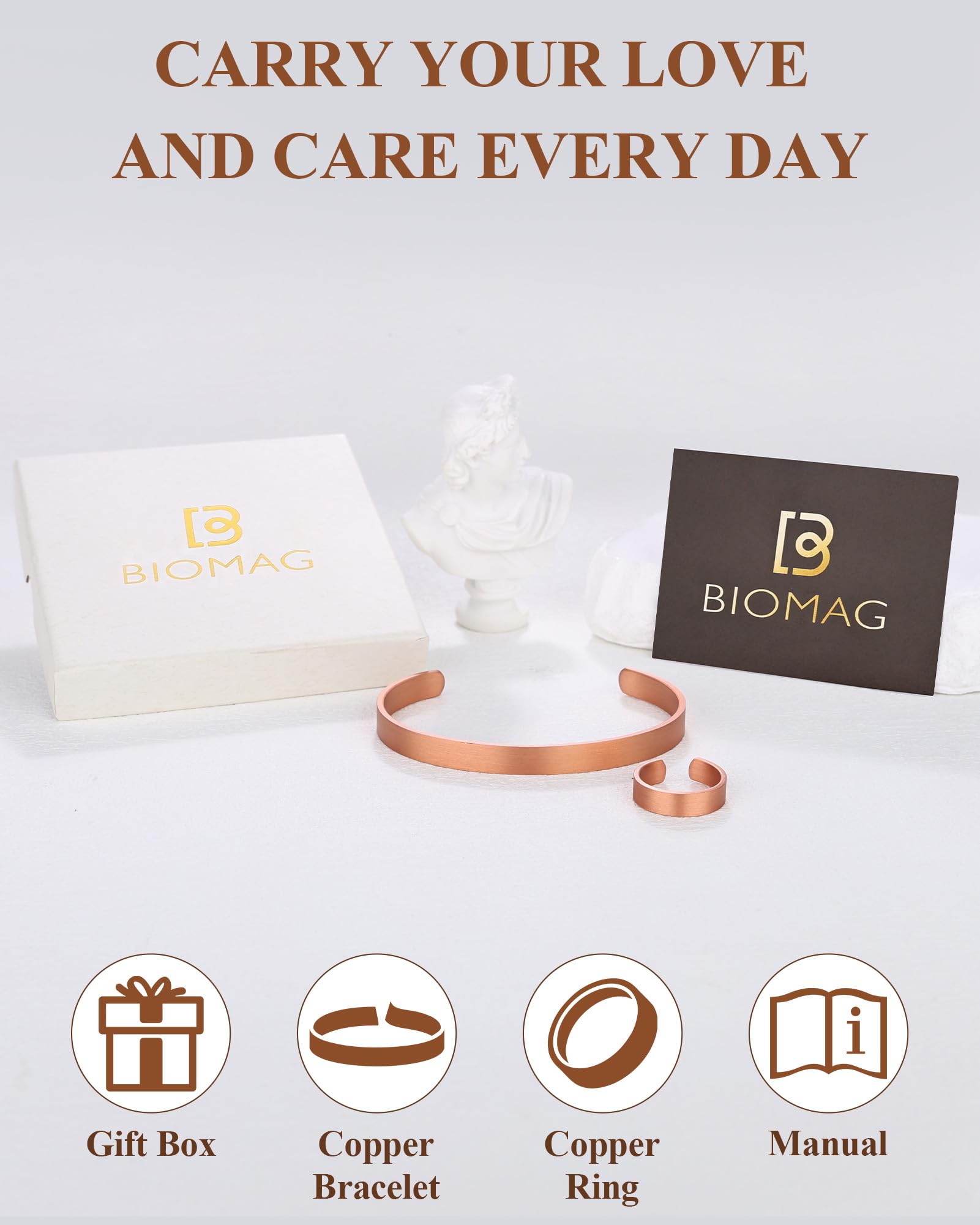 BioMag Pure Copper Bracelet and Ring Set – Copper Bracelet for Men & Women – 100% Solid, Raw & Uncoated Handmade Hammered Tibetan Cuff Bangle