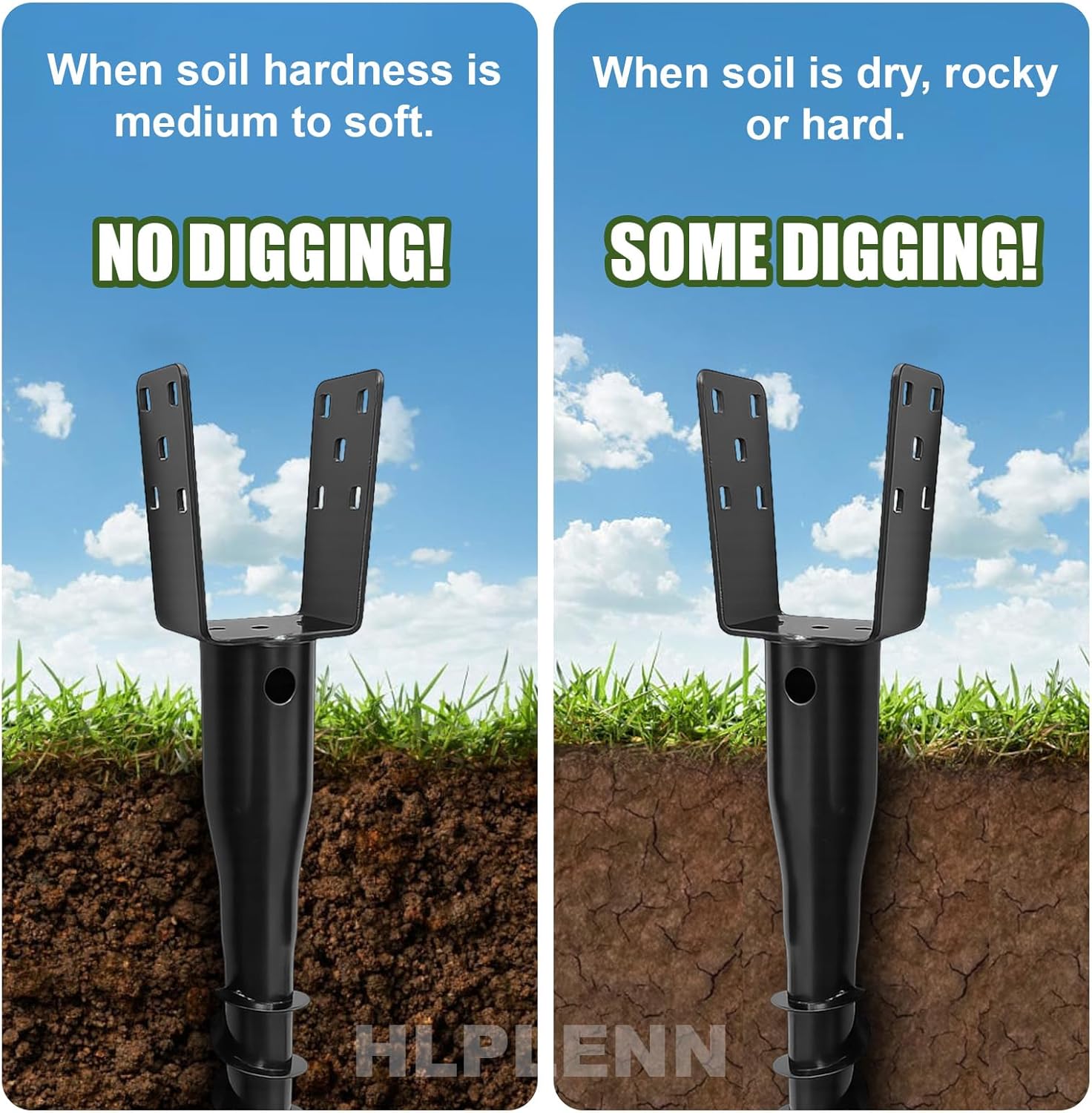 No Dig Ground Screw Anchor, U Shaped Post Stake for 4x4 Wood Posts, Includes Lag Bolts & 27" Rebar, for Fence Posts Anchor Mailbox Posts (2pcs)