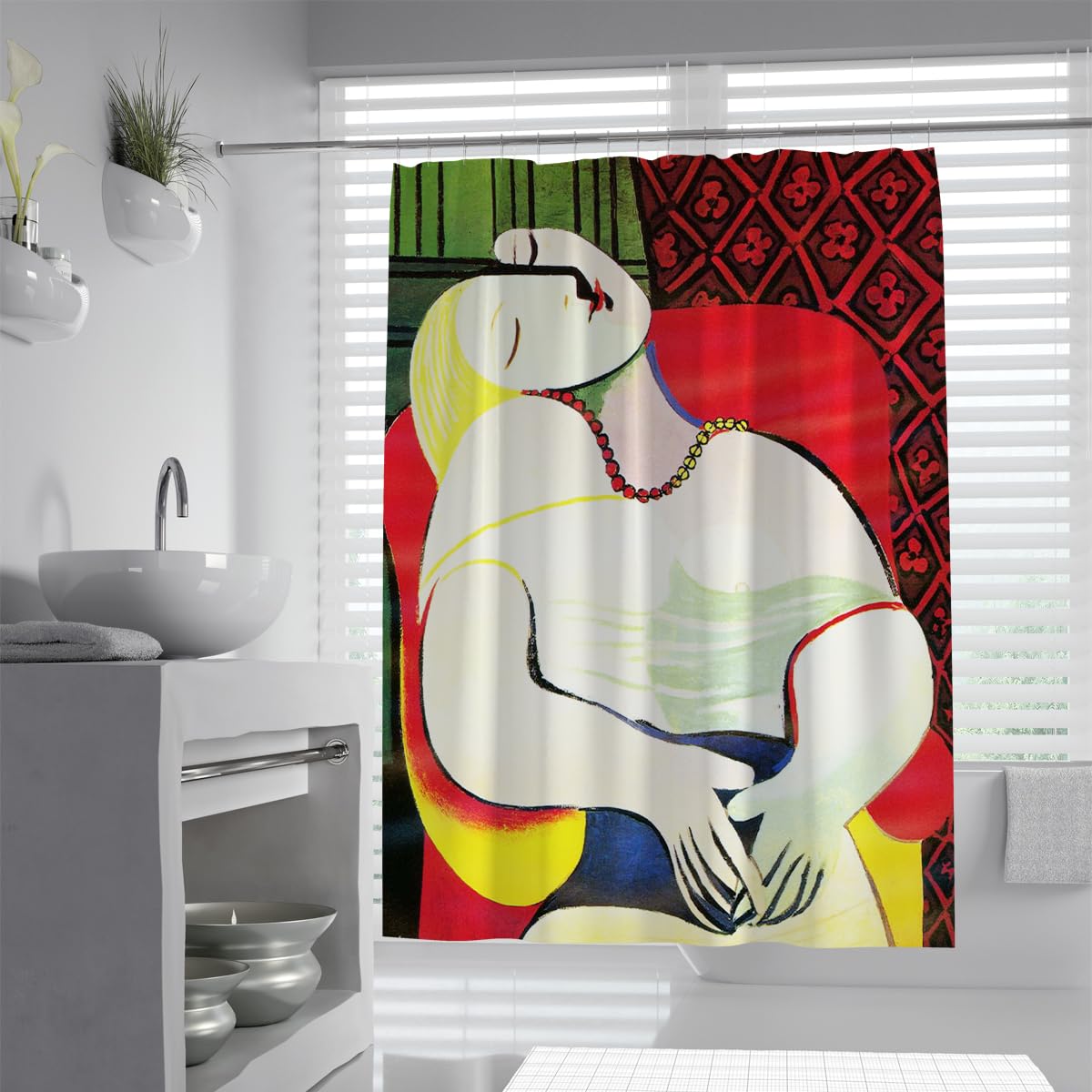 OLLIAR Home Abstract Shower Curtain Set The Dream Red Sofa Woman Art Print Bath Curtain Waterproof Washable Shower Curtains for Bathroom Decor 240x180cm