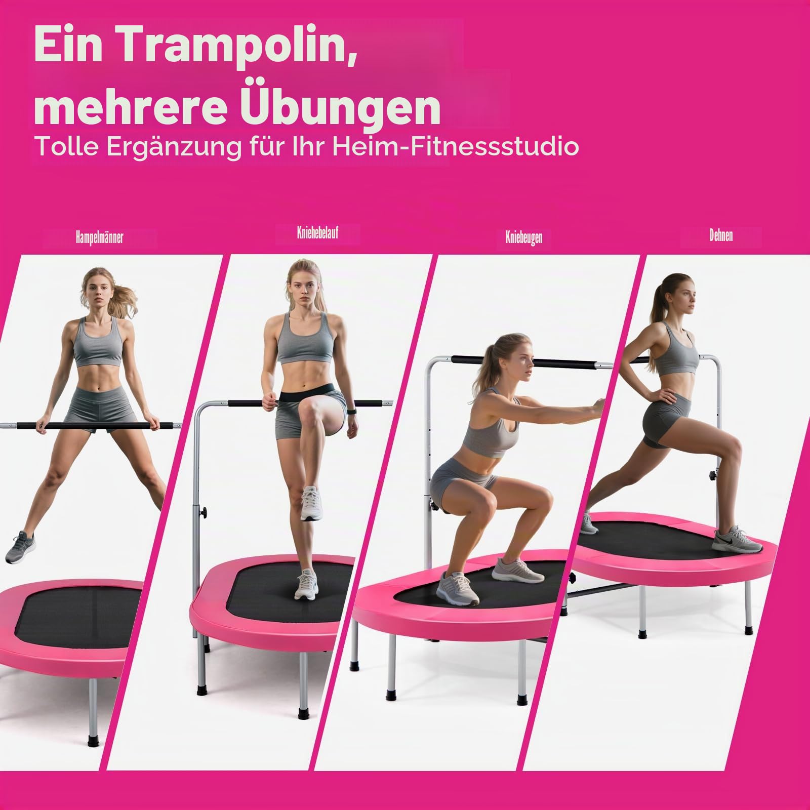 LIFEZEAL Trampolin für 2 Personen, Faltbares Doppeltrampolin mit Armlehnen, Ovales Sporttrampolin mit verstellbarem Griff, Fit Indoor Fitness Trampolin für Kinder und Erwachsene