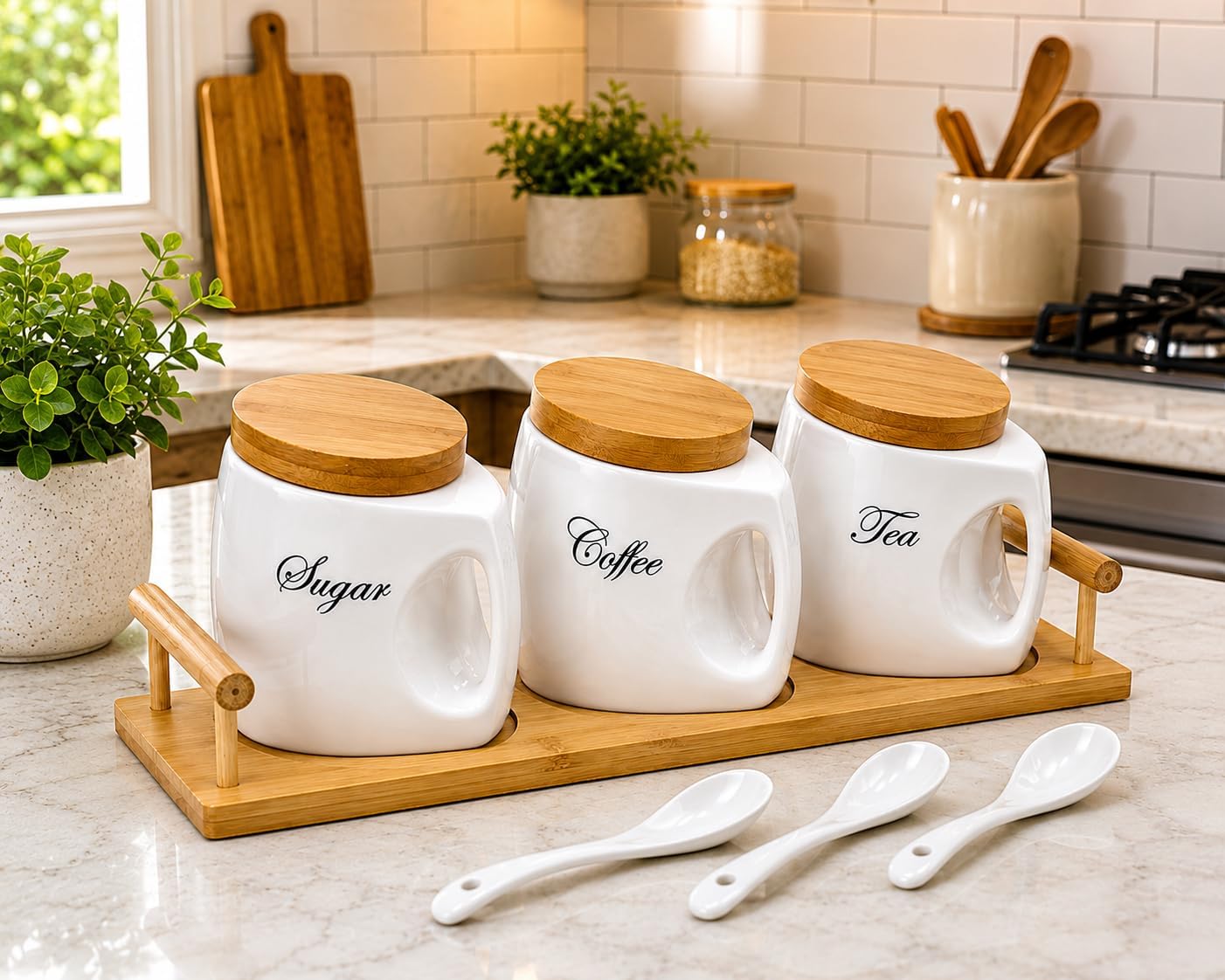 Ceramic Tea,Coffee and Sugar Canister Set (White_750ml) Set of 3 Jar with Bamboo Base and ceramic spoons