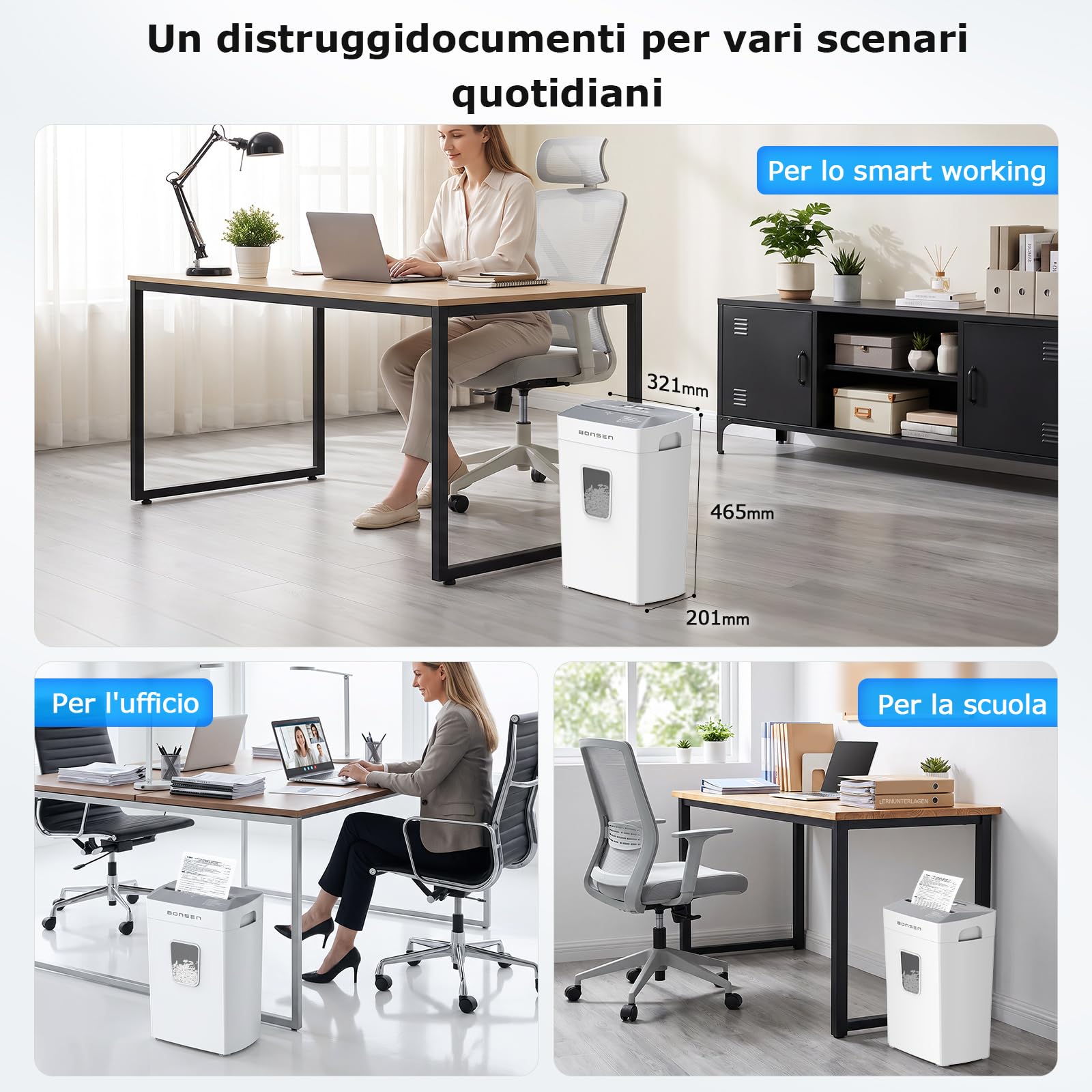 BONSEN Distruggidocumenti Microframmento 12 Fogli, Silenzioso 60dB, S5211-W | Cestino 21L, Livello di Sicurezza P-4, Tritadocumenti per Casa e Ufficio, Distrugge Carte di Credito, Punti & Graffette