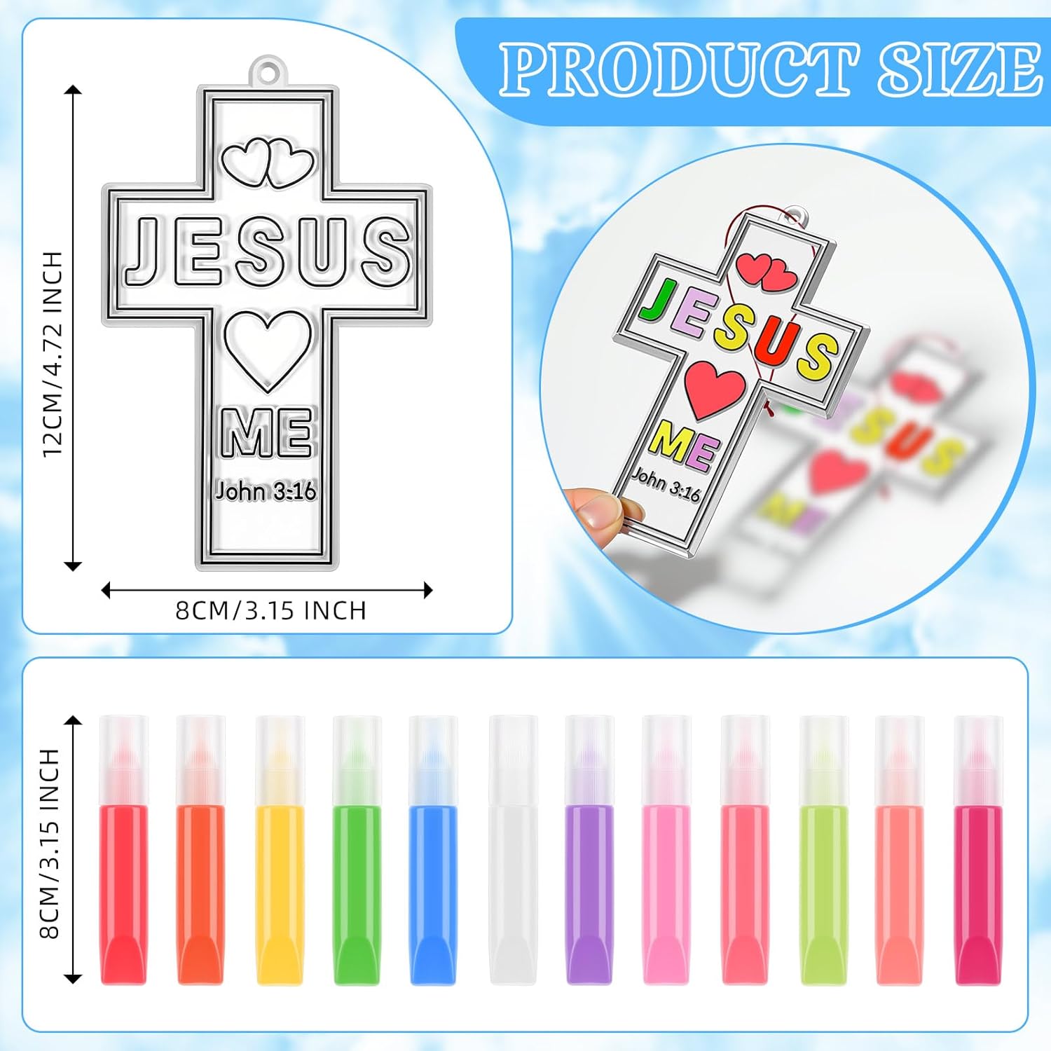 Blueweenly 72 Pcs Christian Crafts Cross Craft Kit to Paint Religious Cross Suncatchers Ornaments Bulk for Catholic Schools Week Sunday School DIY Window (Cute)
