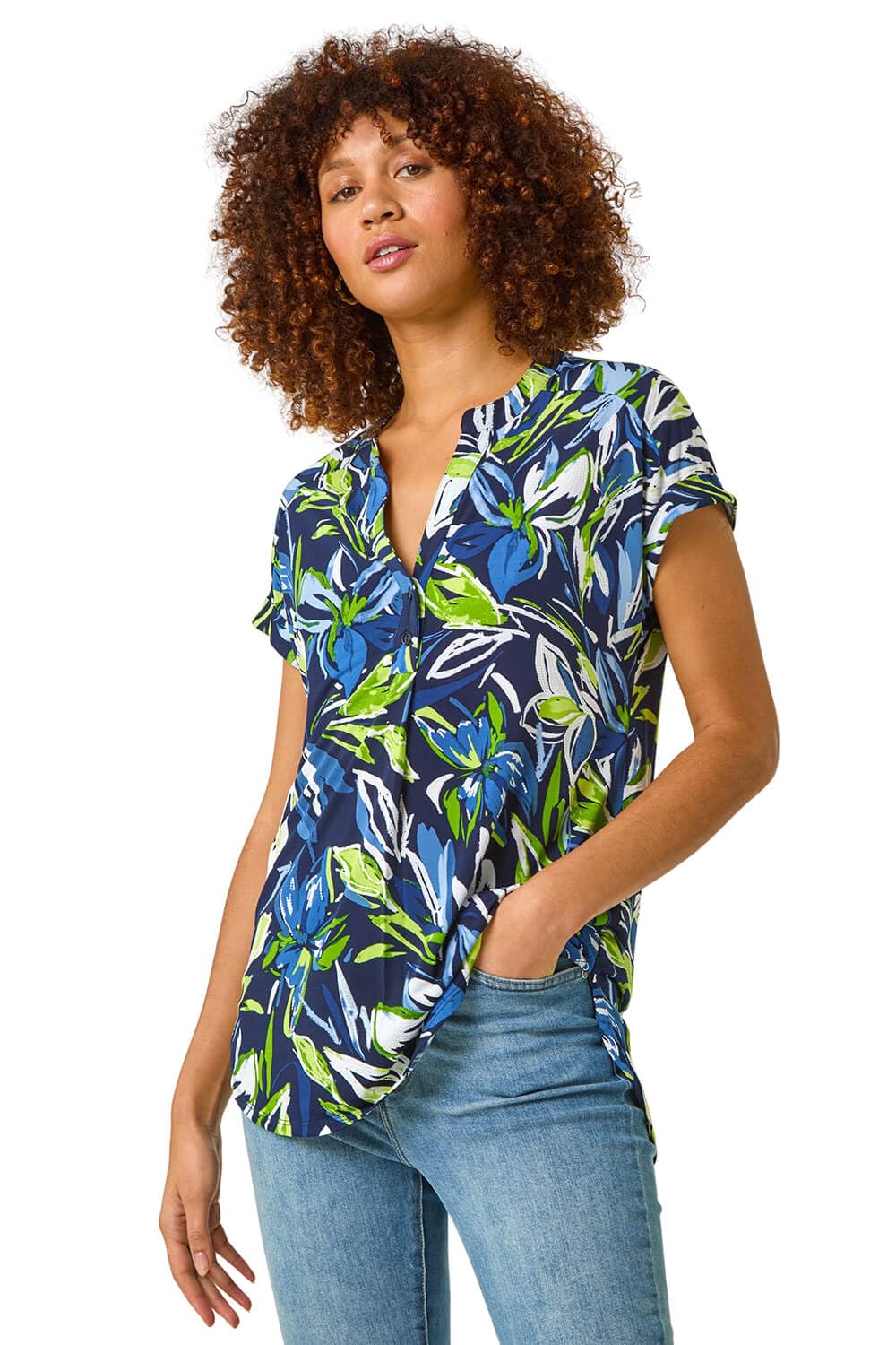 Roman Originals Women's Blue Leaf Short Sleeve Shirt For Uk - Tunic Top Summer Blouse Casual Smat T-Shirt Spring Work Cocktail Party Going Out Special Occassion Holiday V-Neck - Size 18