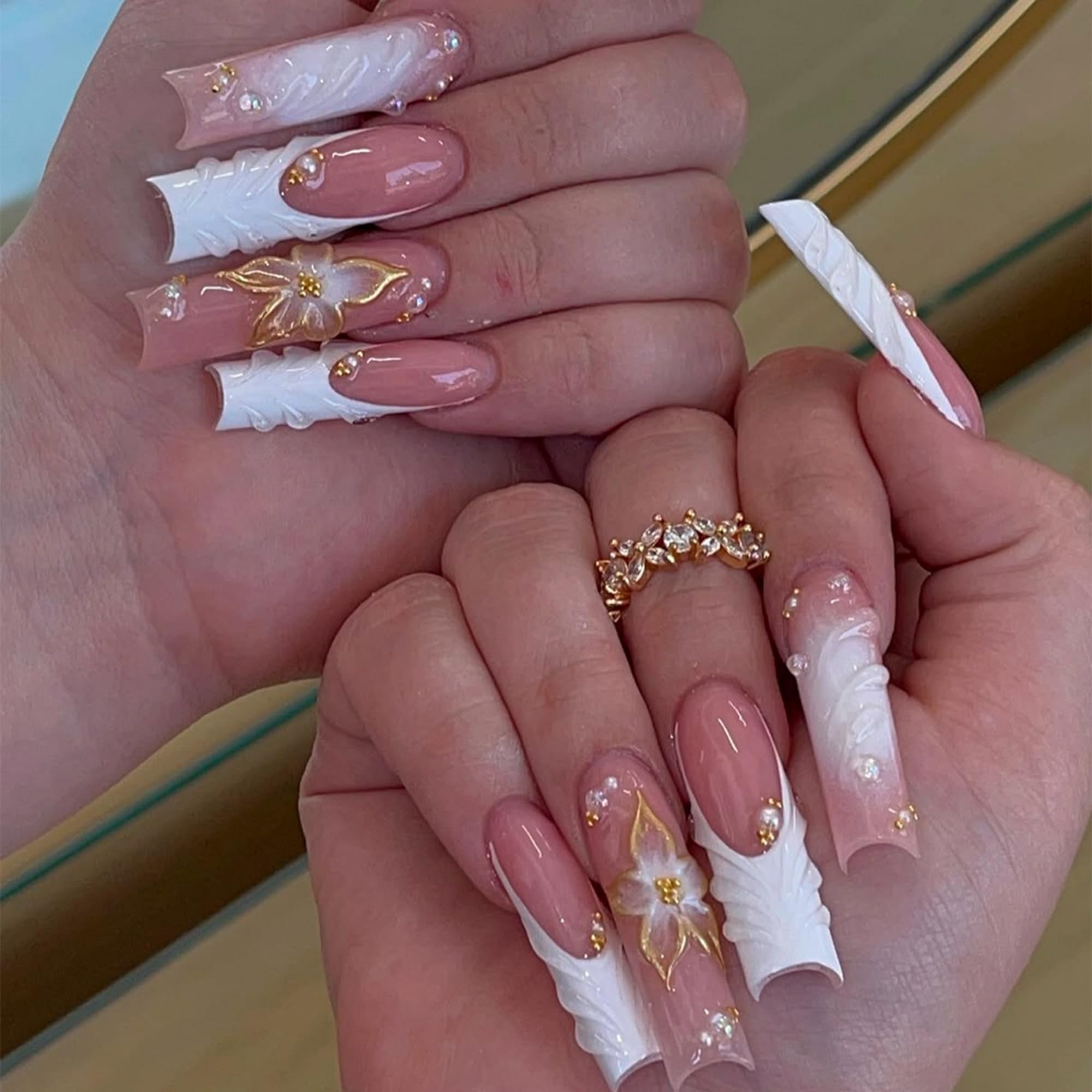24 uñas postizas cuadradas largas y florales rosas para mujer