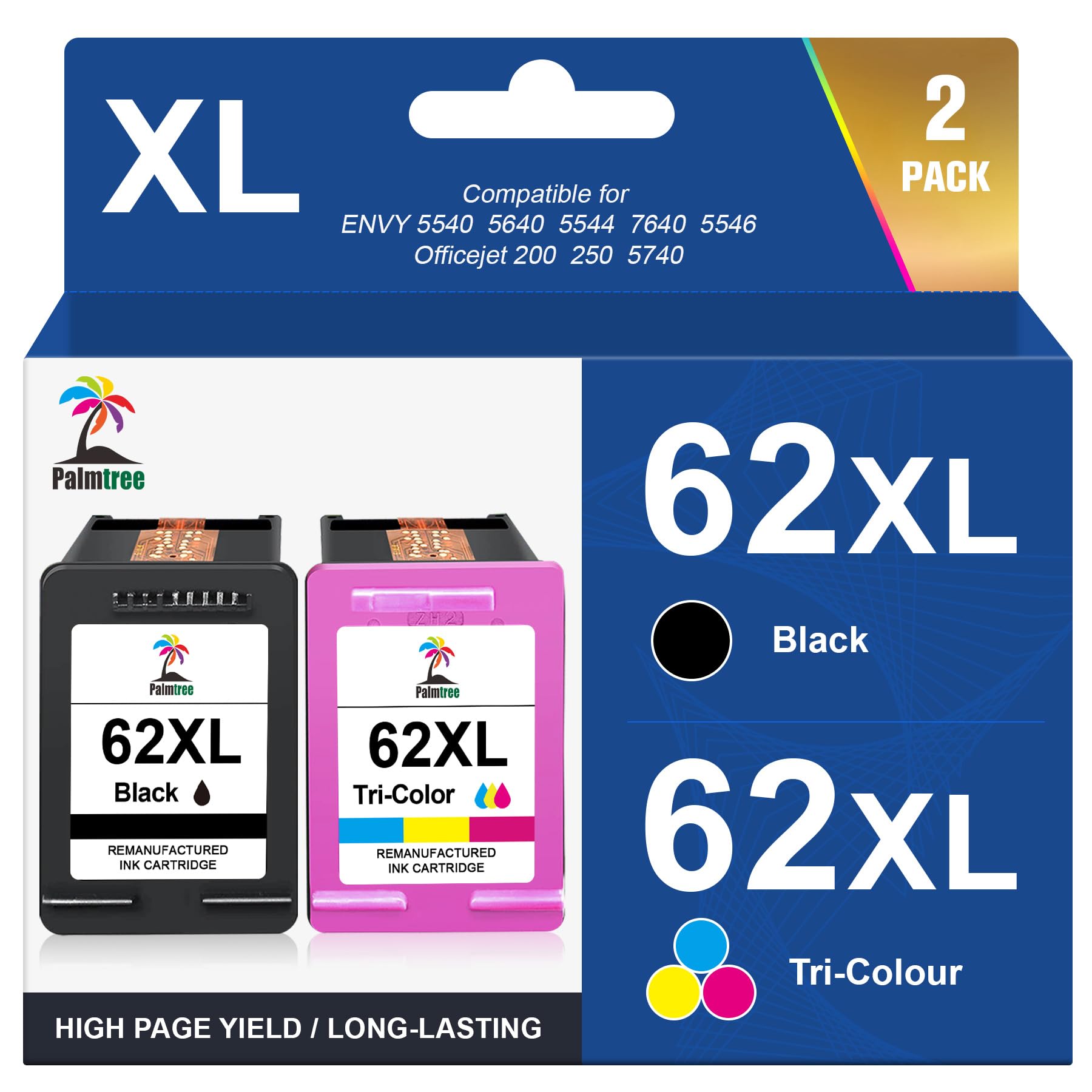 Palmtree 62XL Cartuccia d'inchiostro Compatibile Cartucce HP 62 Nero e Colore per HP 62 XL Cartucce per HP Officejet 5740 200 250 HP Envy 5540 5740 7640 5640 5547