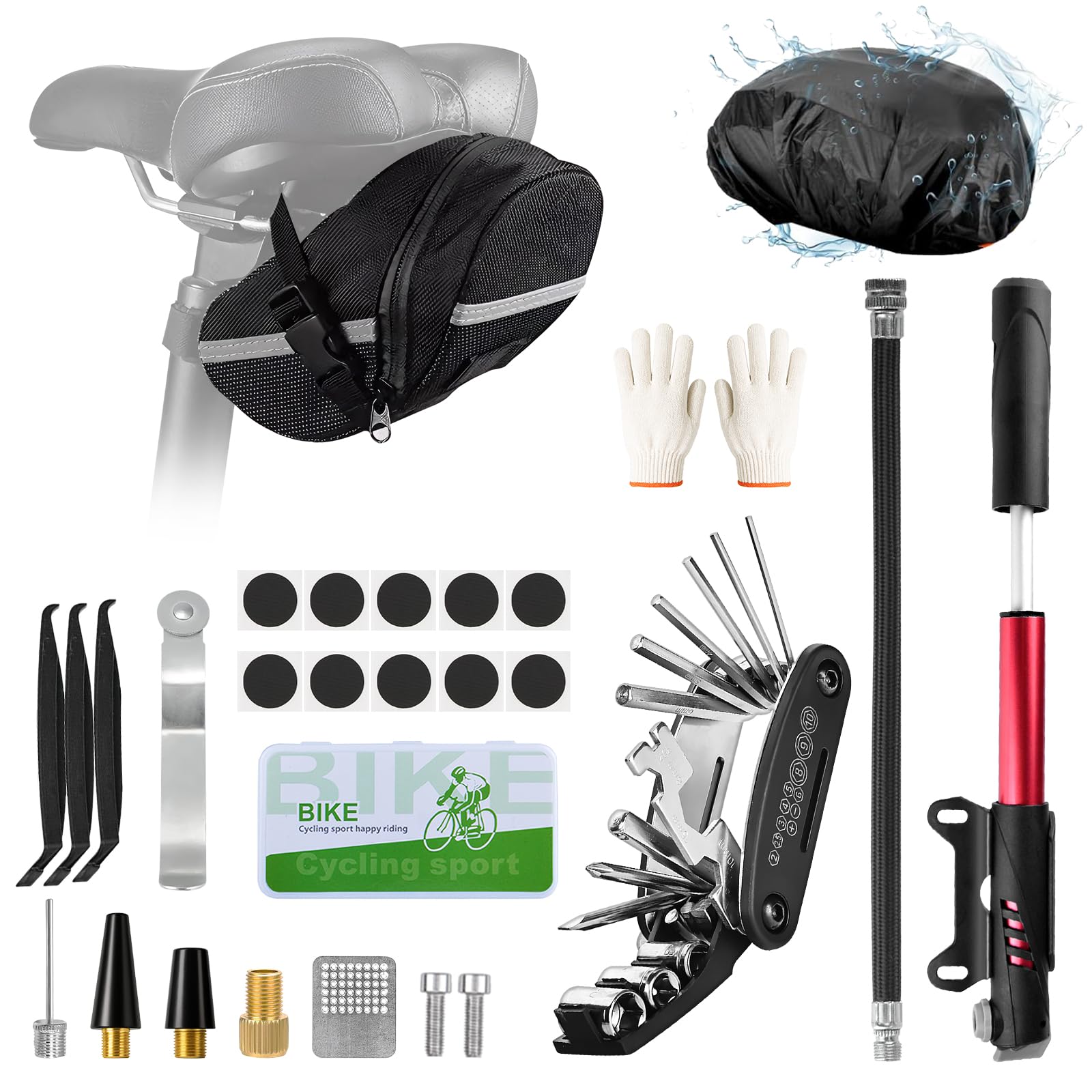 Ninonly Kit de Herramientas para Bicicleta 27PCs con Bomba 120PSI y Multiherramienta 16 en 1 Kit Reparación Bicicleta Completo Kit de Parche y Palancas para Camping Viajes Bolsa - 1