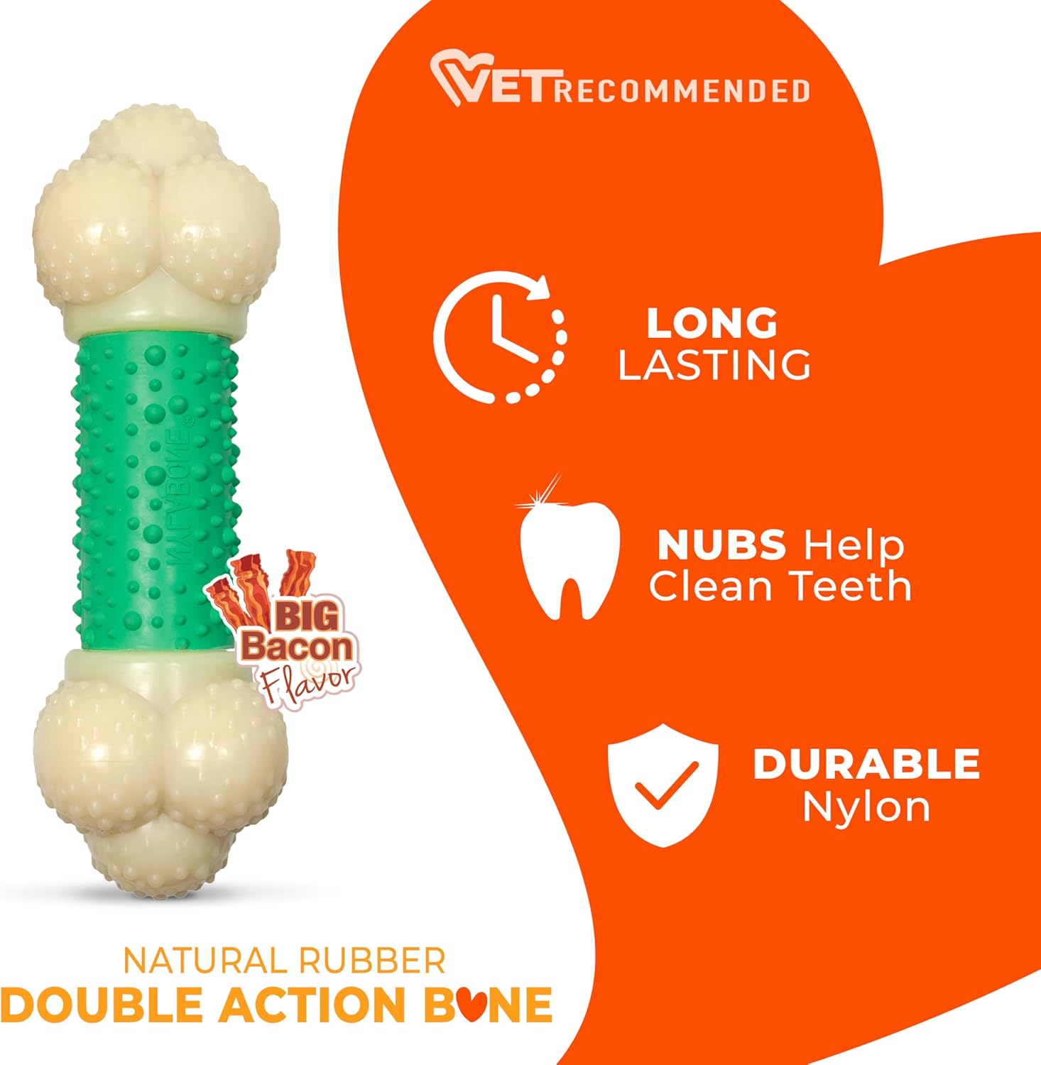 Nylabone Double Action Bone Power Chew Toy for Dogs, Dog Toys for Aggressive Chewers, Bacon Flavor, X-Large - 50+ lbs, 1 Count