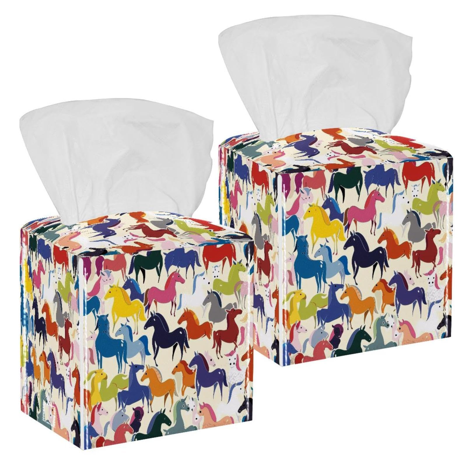 Cartoon Horses Tissue Box Cover, 2 Pack PU Leather Square Facial Tissue Dispenser Box holder for Home Office Car