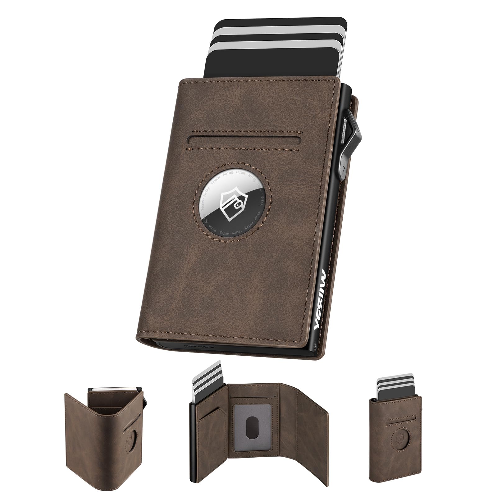 YESIIW Portafoglio Uomo Airtag con Super Compatto, Pop up Porta Carte Airtag per 10+ Cartes, 10+ Banconote & Finestra ID, Portacarte Airtag con RFID & Chiusura Magnetica (Marrone, Senza Portamonete)