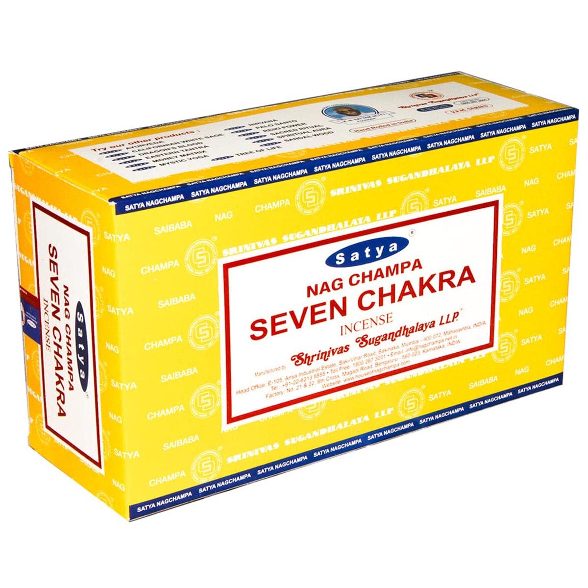 Satya Nag Champa - Bastoncini di incenso, confezione da 12, con 2 porta bastoncini di incenso Booghe (sette chakra)