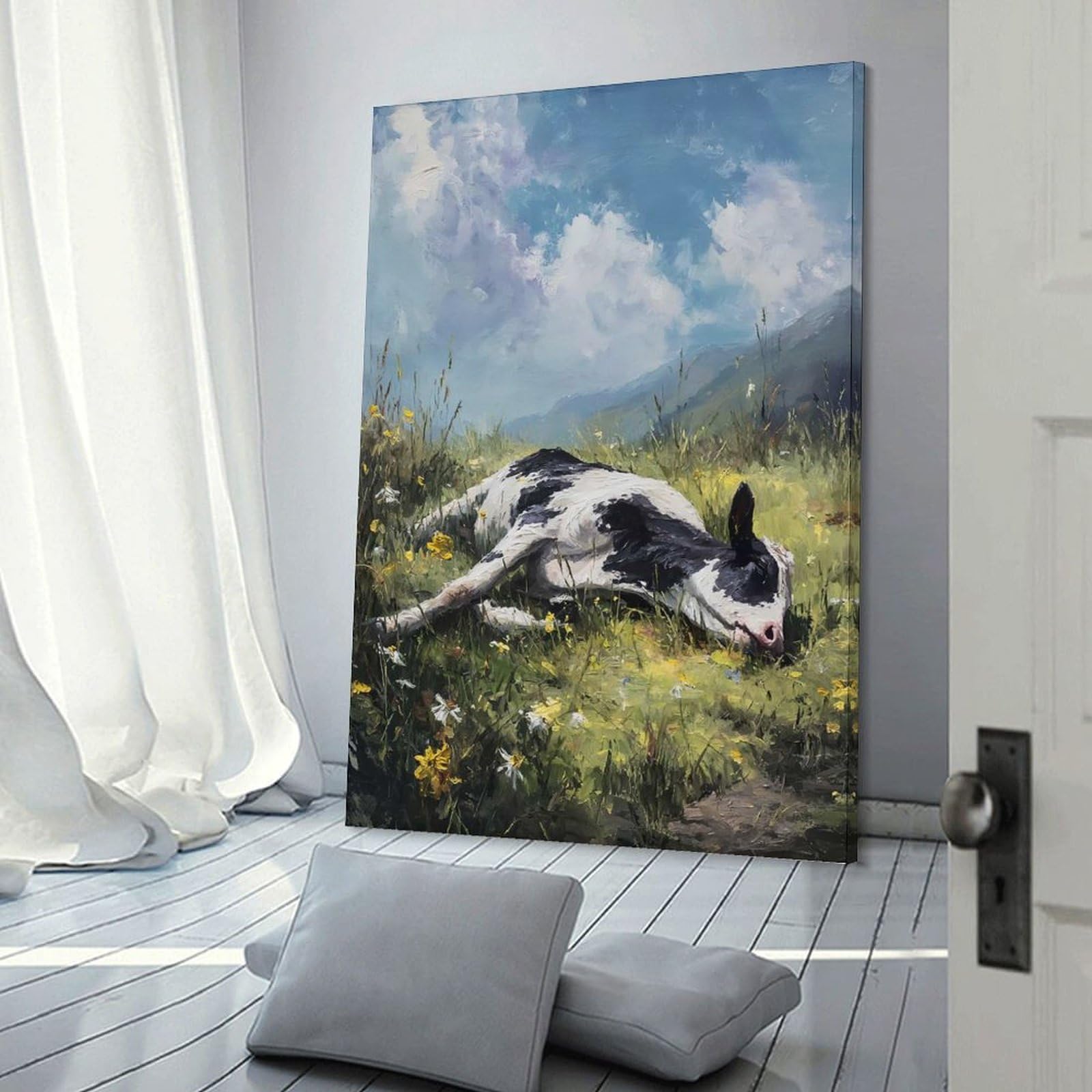 Junmoney Canvas Art Print Cow Lying in A Field of Flowers, 20x30inch(50x75cm), for Office, Study Or Home Workspace, Decorative Artwork for Productive Spaces